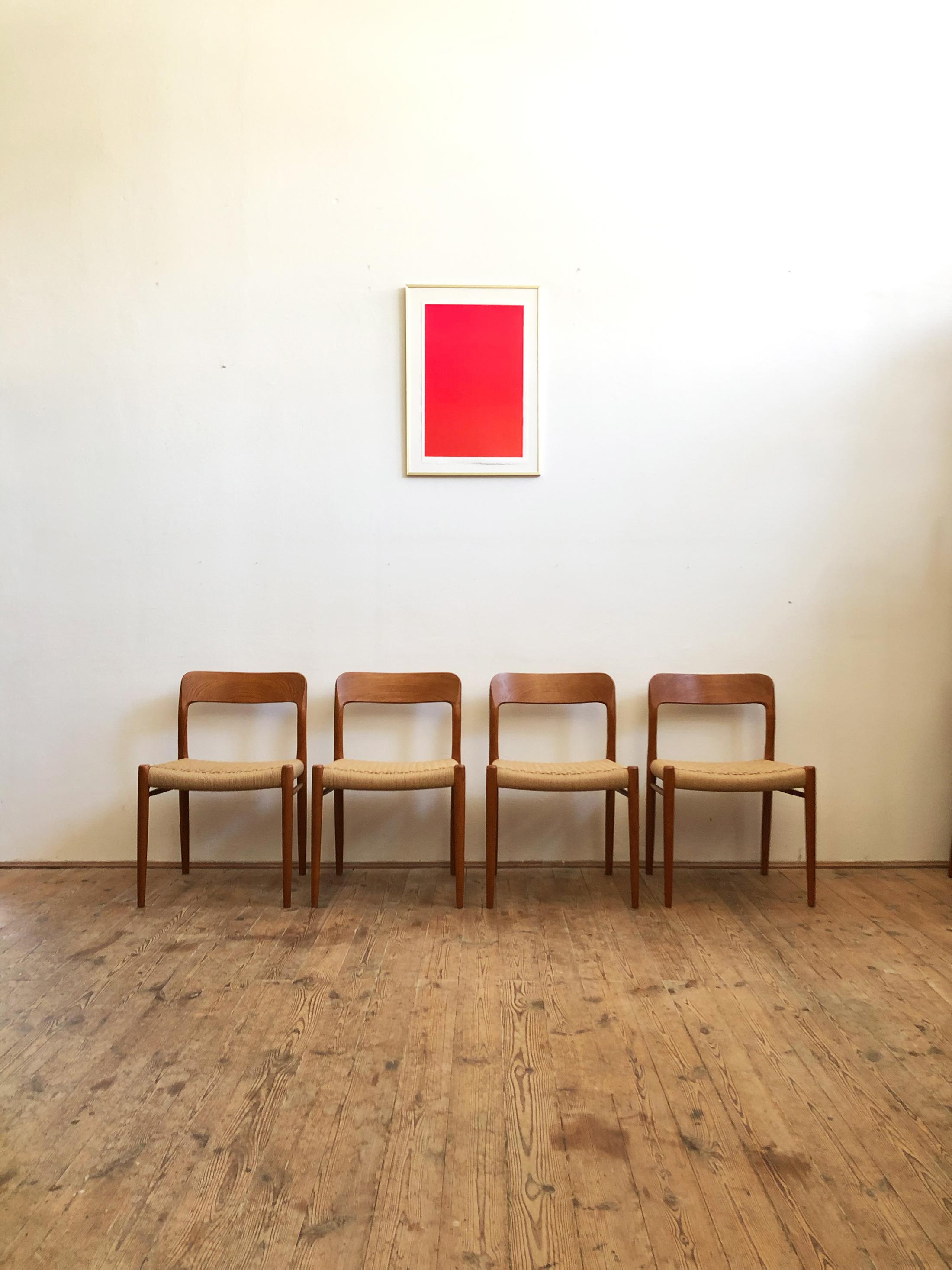 Dining Chairs, Model 75 by Niels O. Møller in Teak and Paper Cord, Set of 4 In Good Condition In Munich, Bavaria