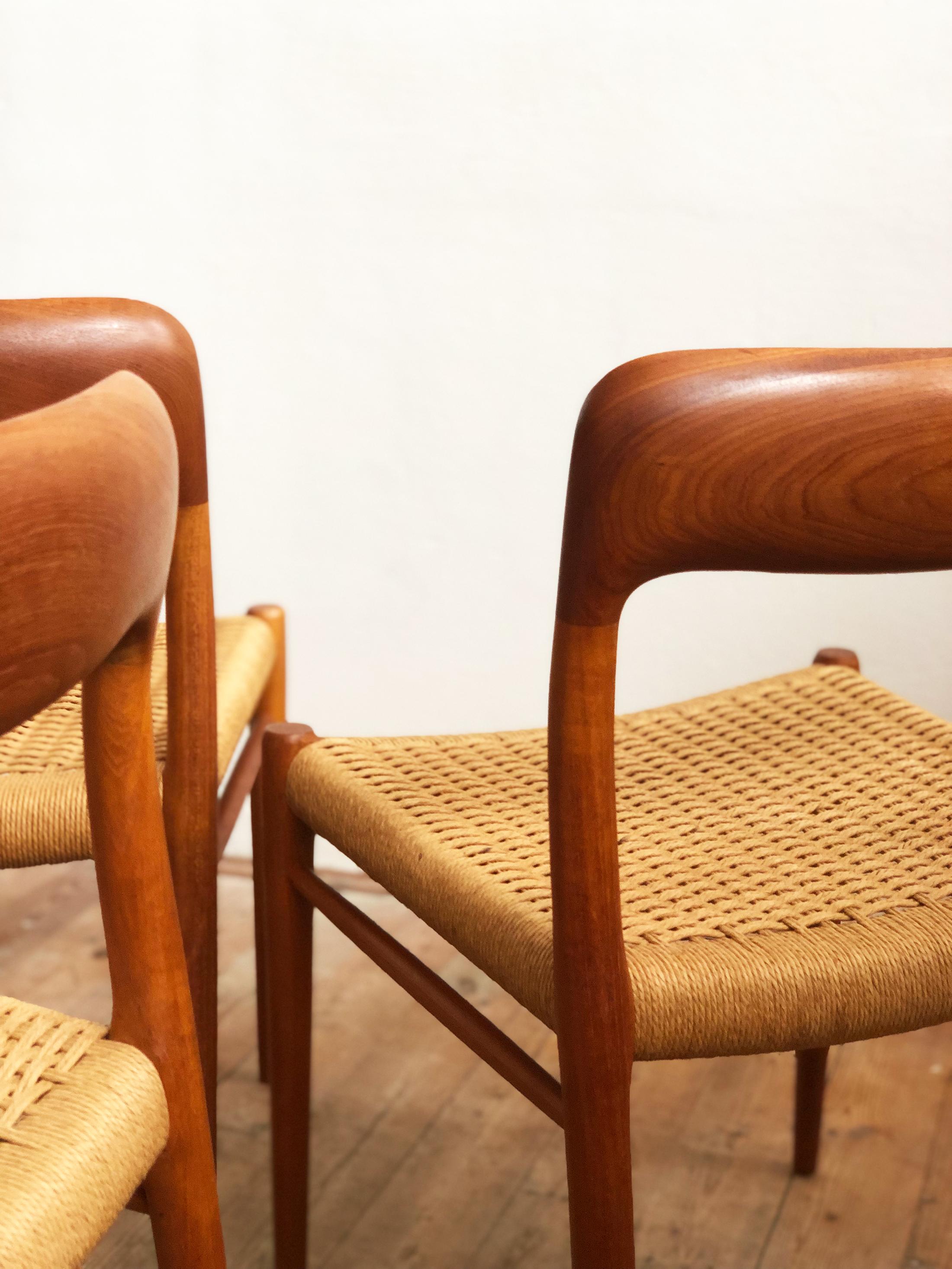 Mid-20th Century Dining Chairs, Model 75 by Niels O. Møller in Teak and Paper Cord, Set of 4 For Sale