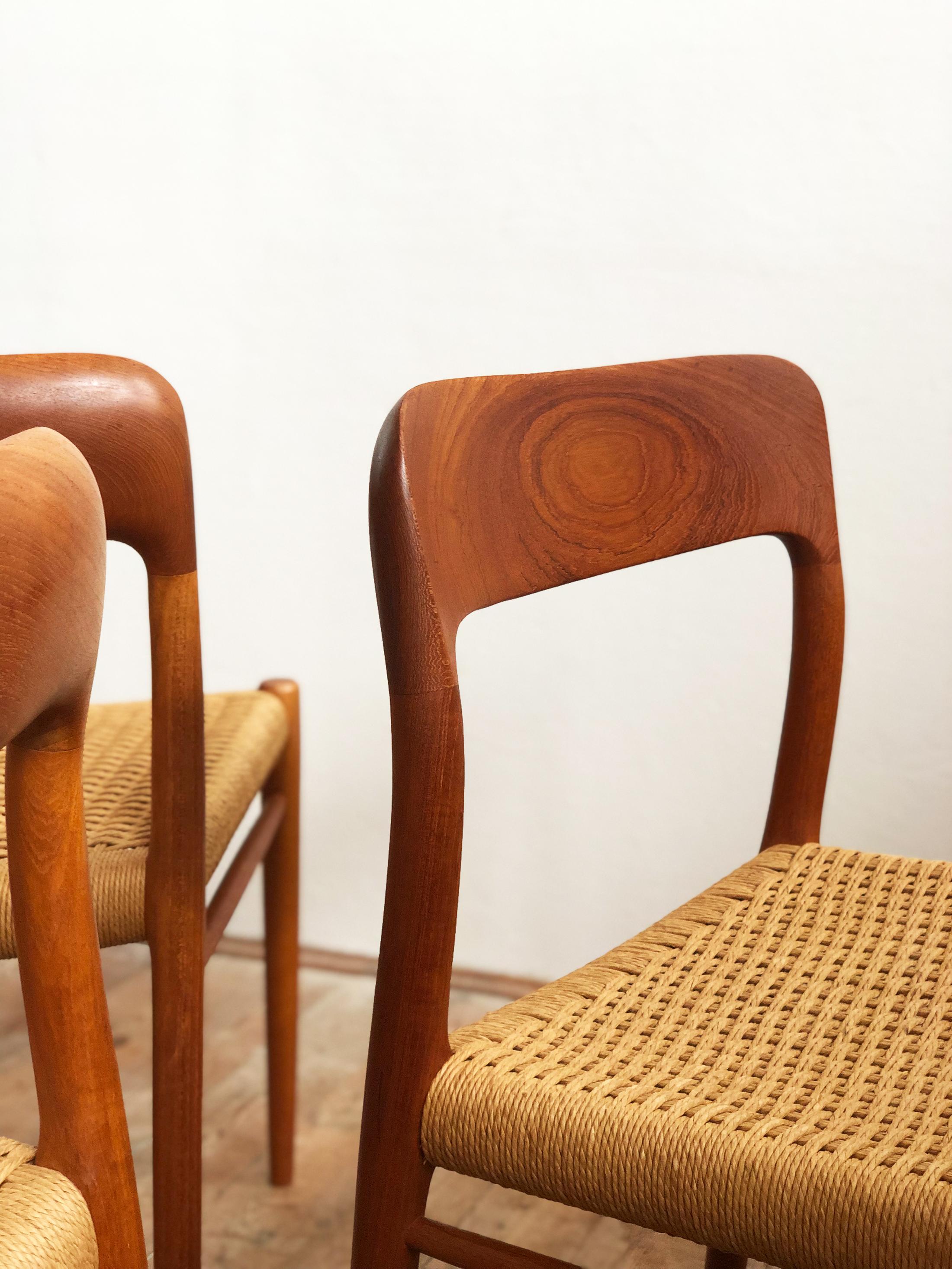 Papercord Dining Chairs, Model 75 by Niels O. Møller in Teak and Paper Cord, Set of 4 For Sale