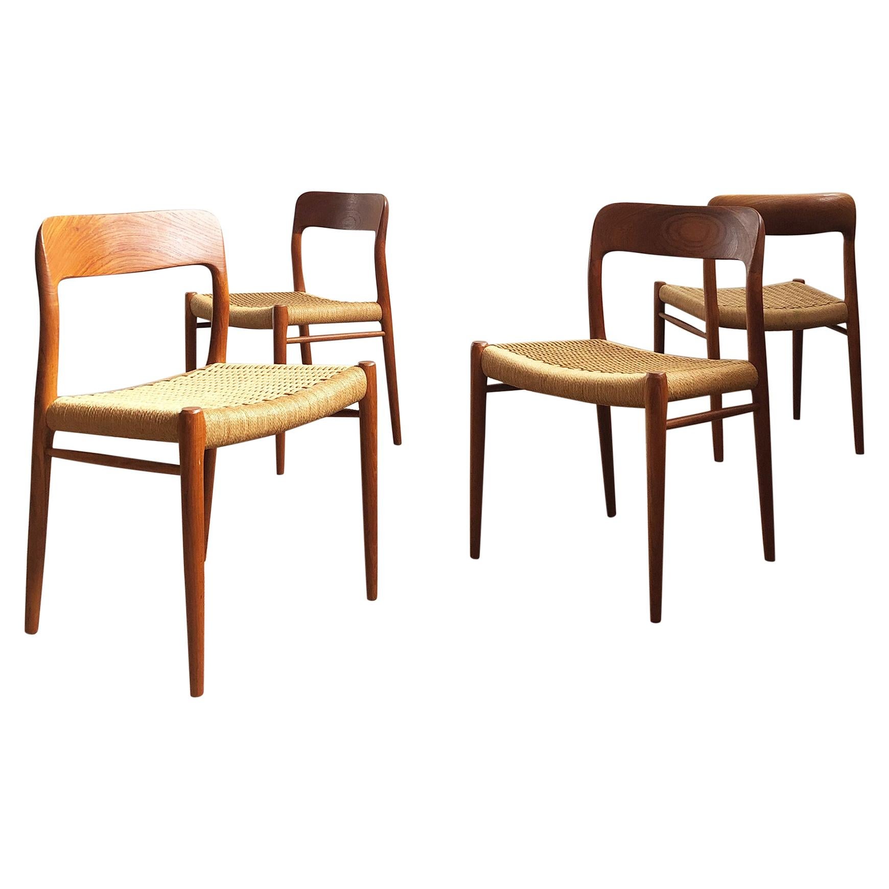 Dining Chairs, Model 75 by Niels O. Møller in Teak and Paper Cord, Set of 4 For Sale