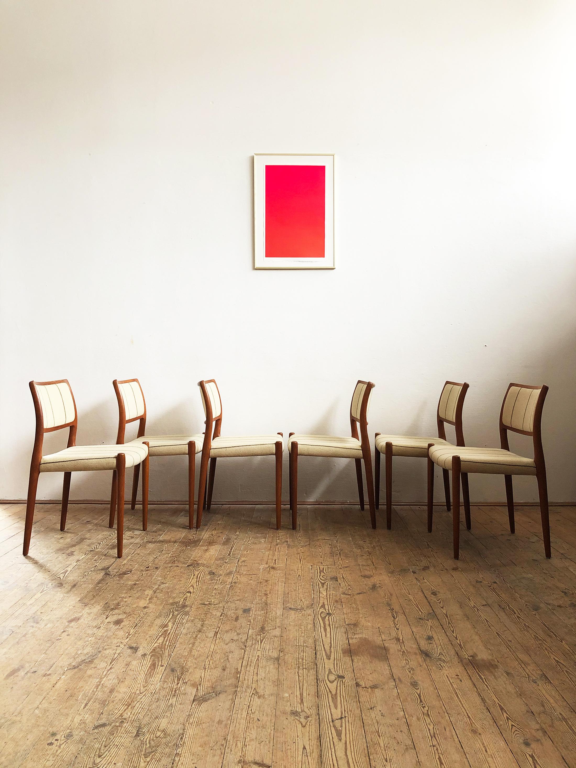 Danish Dining Chairs, Model 80 by Niels O. Møller in Teak and Beige Fabric, Set of 6 For Sale