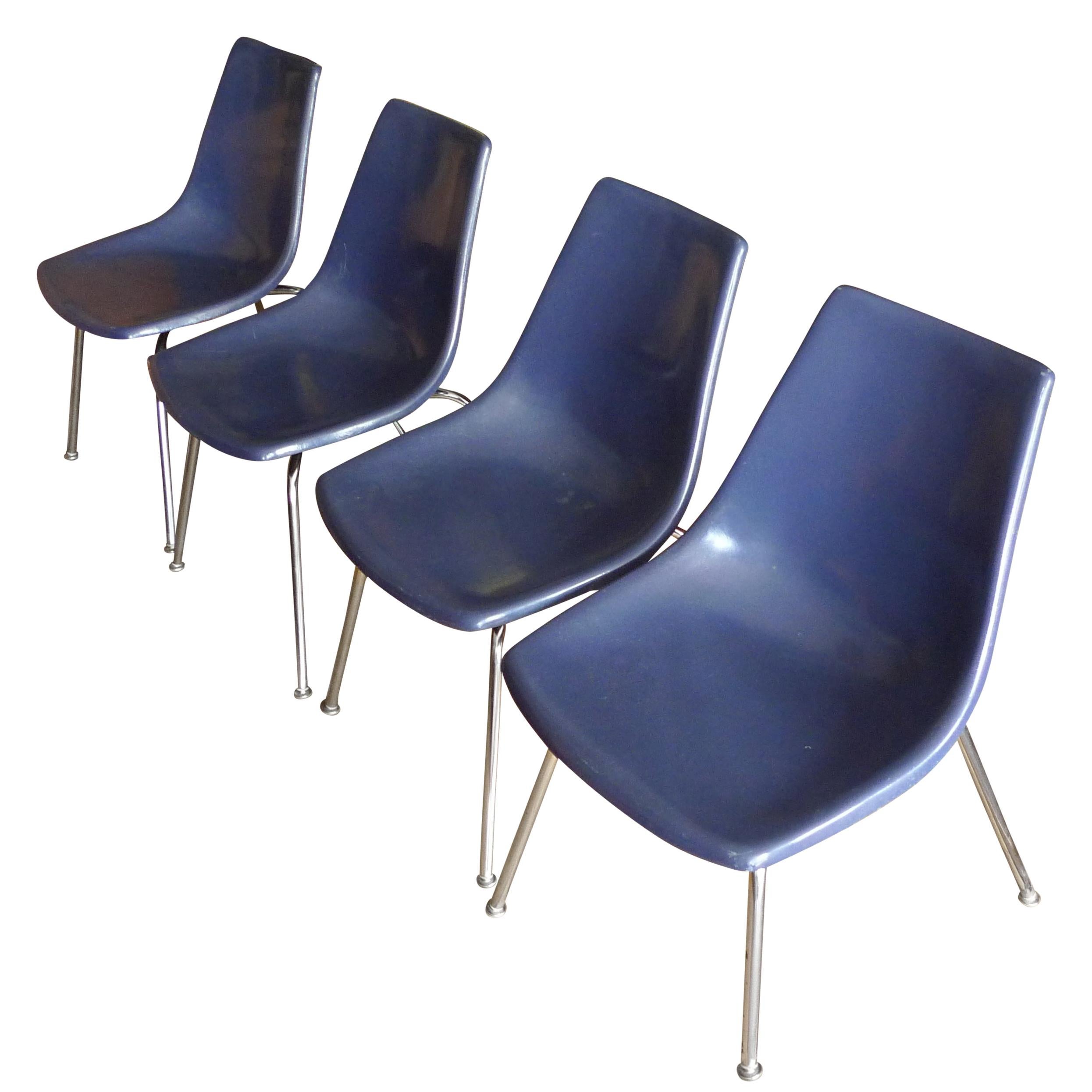 Dining Chairs of Blue Fiberglass with Chrome Frames from Kreuger, Set of 4 For Sale
