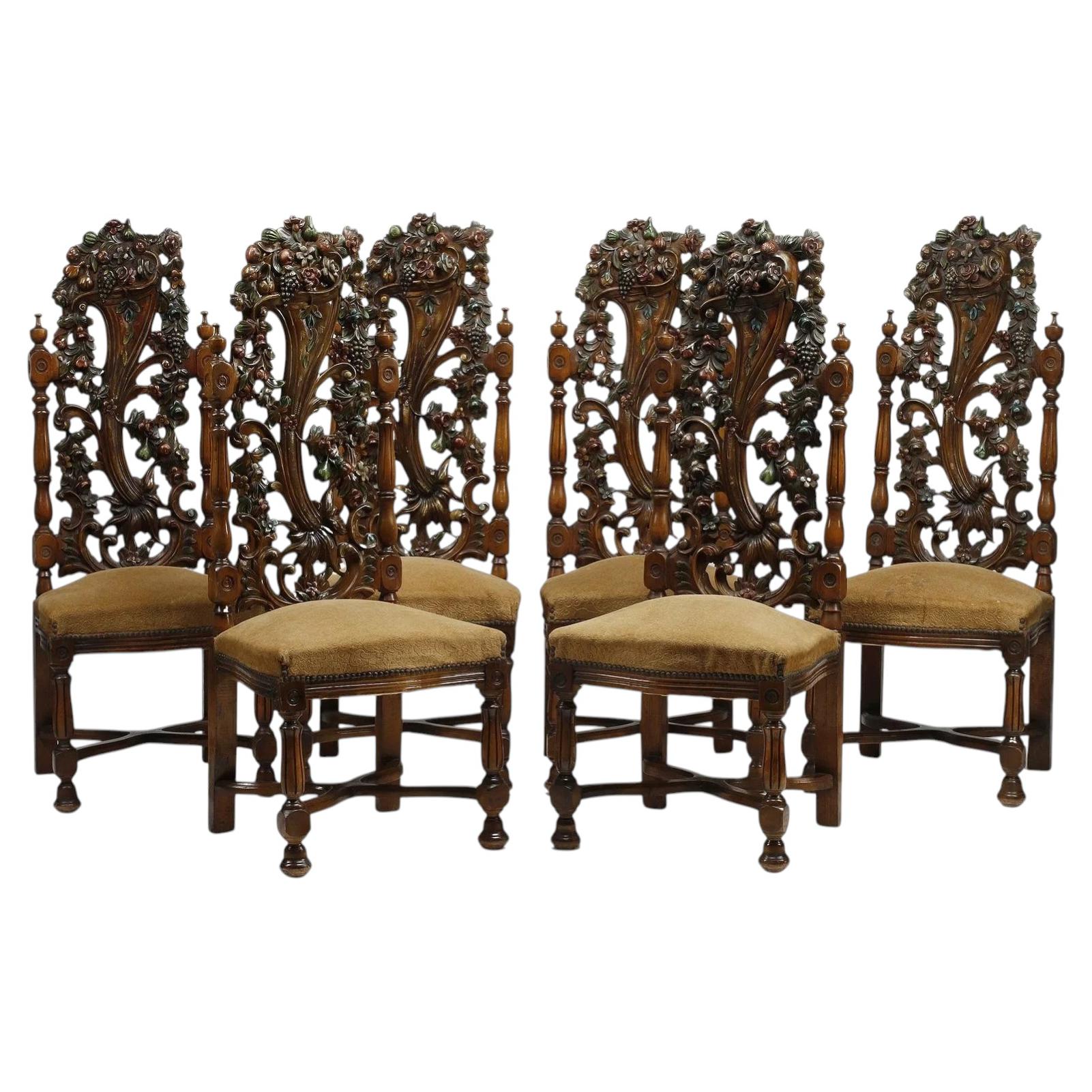Dining Chairs, Set of 6, Spanish Revival, Carved, Polychrome, Cornucopia 54.5”! For Sale
