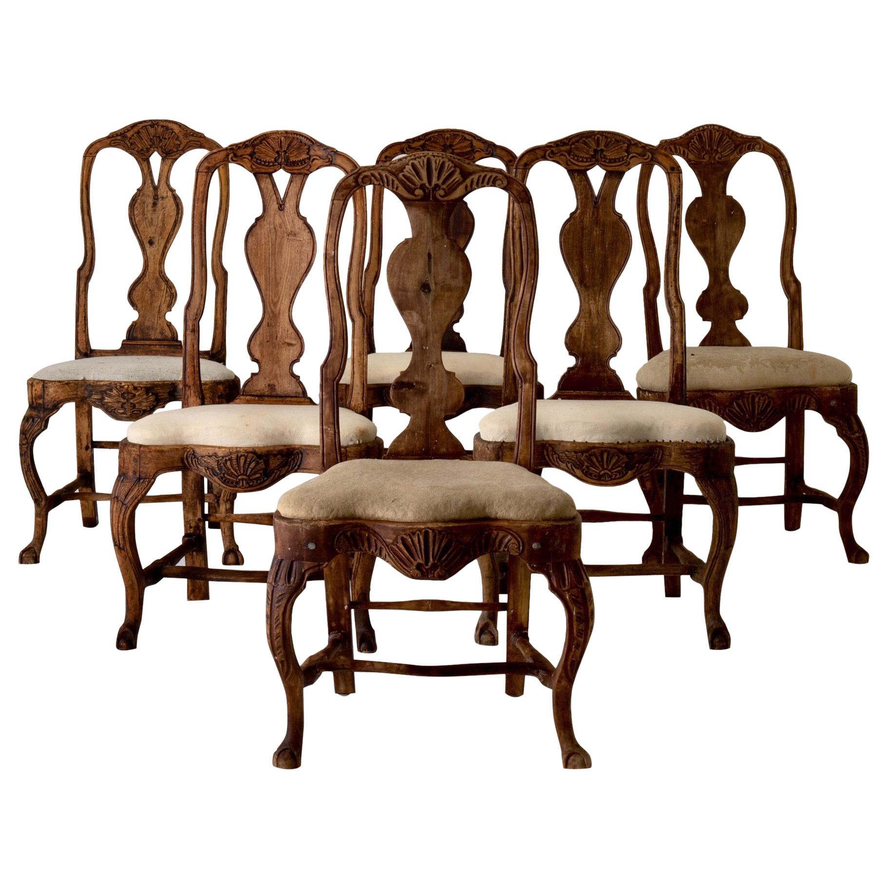 Ensemble de 6 chaises de salle à manger de style rococo suédois du 18ème siècle, marron, Suède en vente