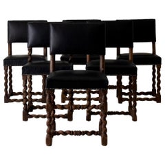 Antique Dining Chairs Set of Six Oak Black Leather Baroque Sweden