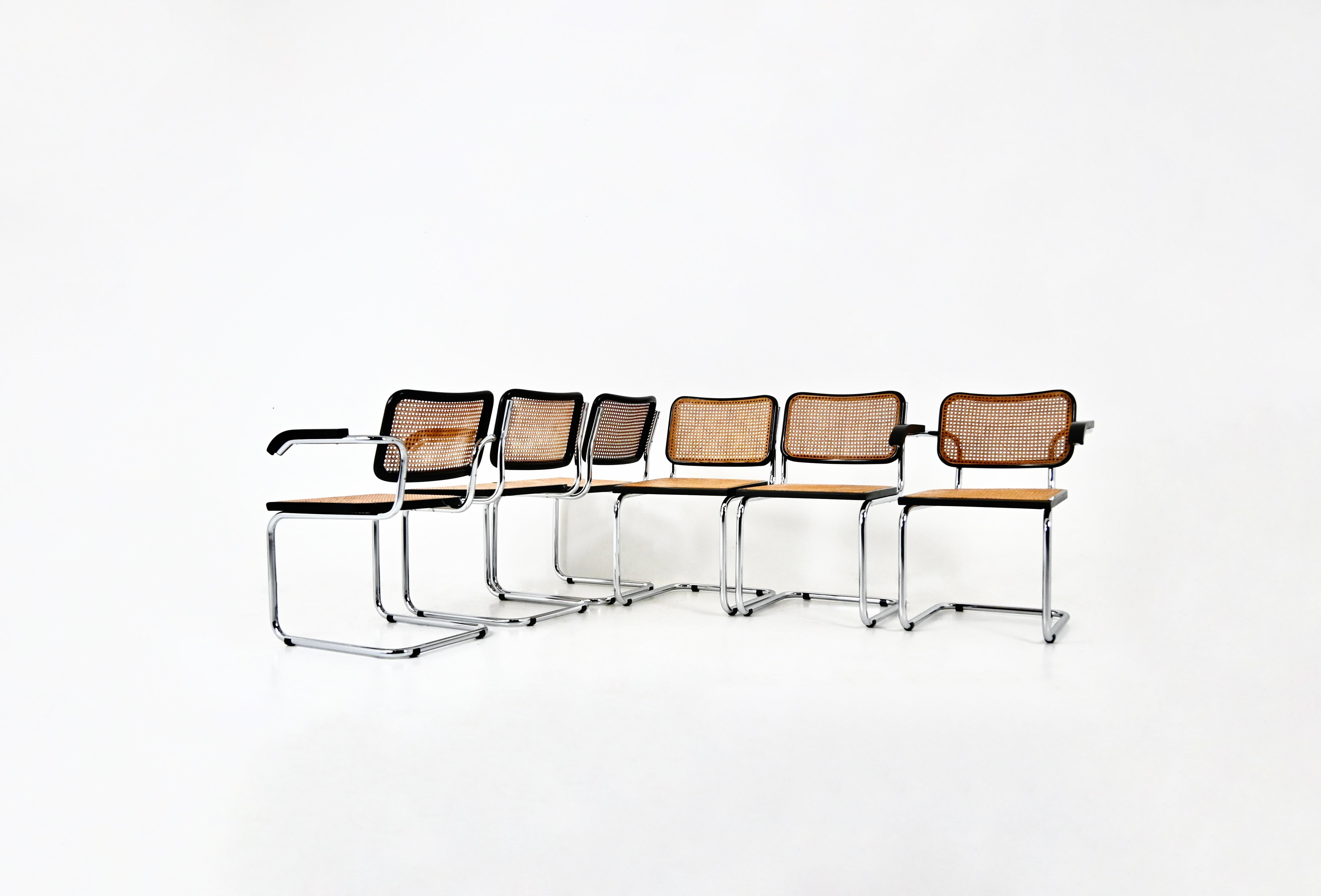 Set of 6 chairs in metal, wood and rattan. 
Dimensions: seat height: 45 cm. Width with armrests: 60 cm 
Wear due to time and age of the chairs. 
FOR SHIPPING, REQUEST US FOR RECEIVE THE BEST PRICE




