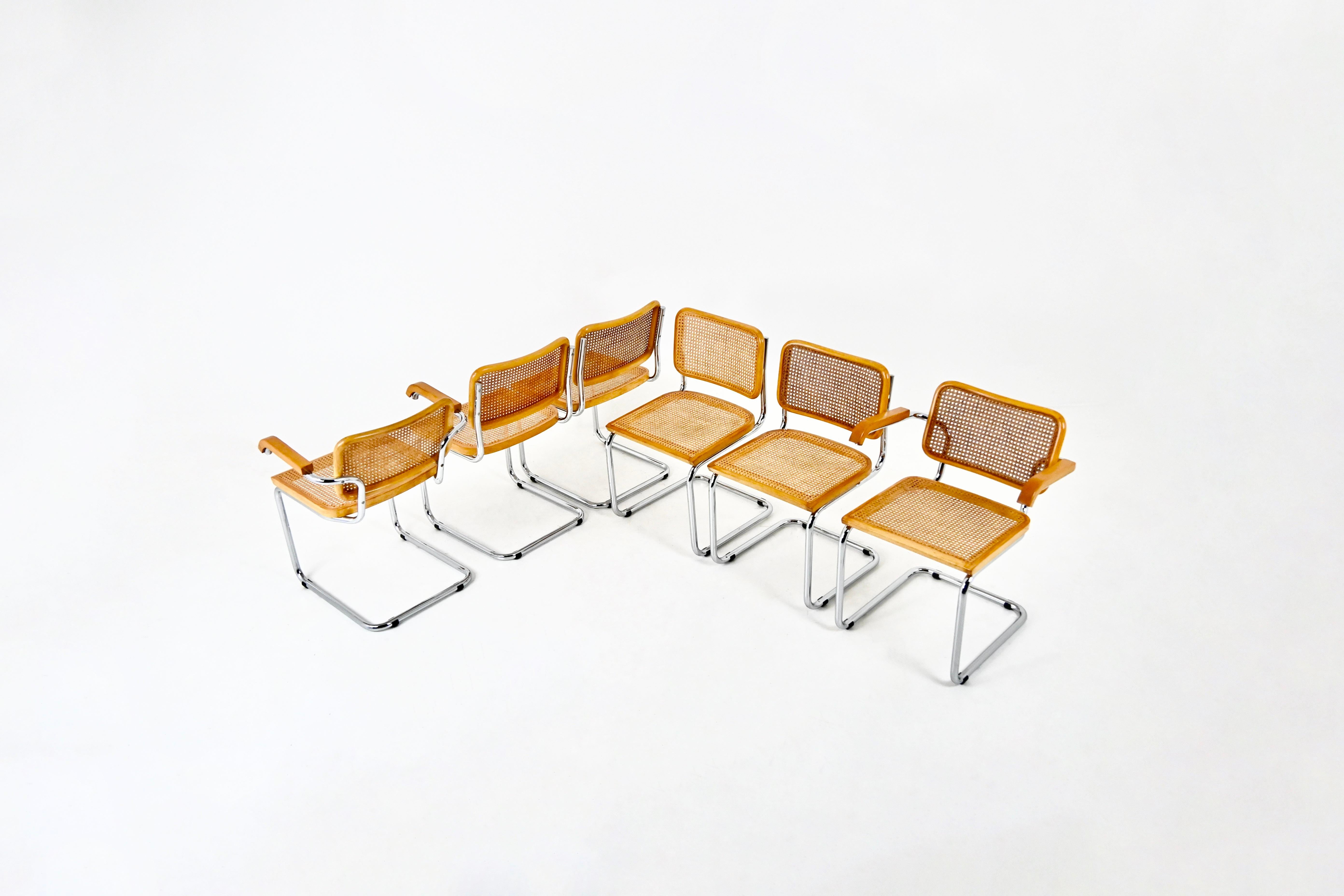 Set of 6 chairs in metal, wood and rattan. 
Dimensions: seat height: 45 cm. Width with armrests: 63 cm 
Wear due to time and age of the chairs. 
FOR SHIPPING, REQUEST US FOR RECEIVE THE BEST PRICE


