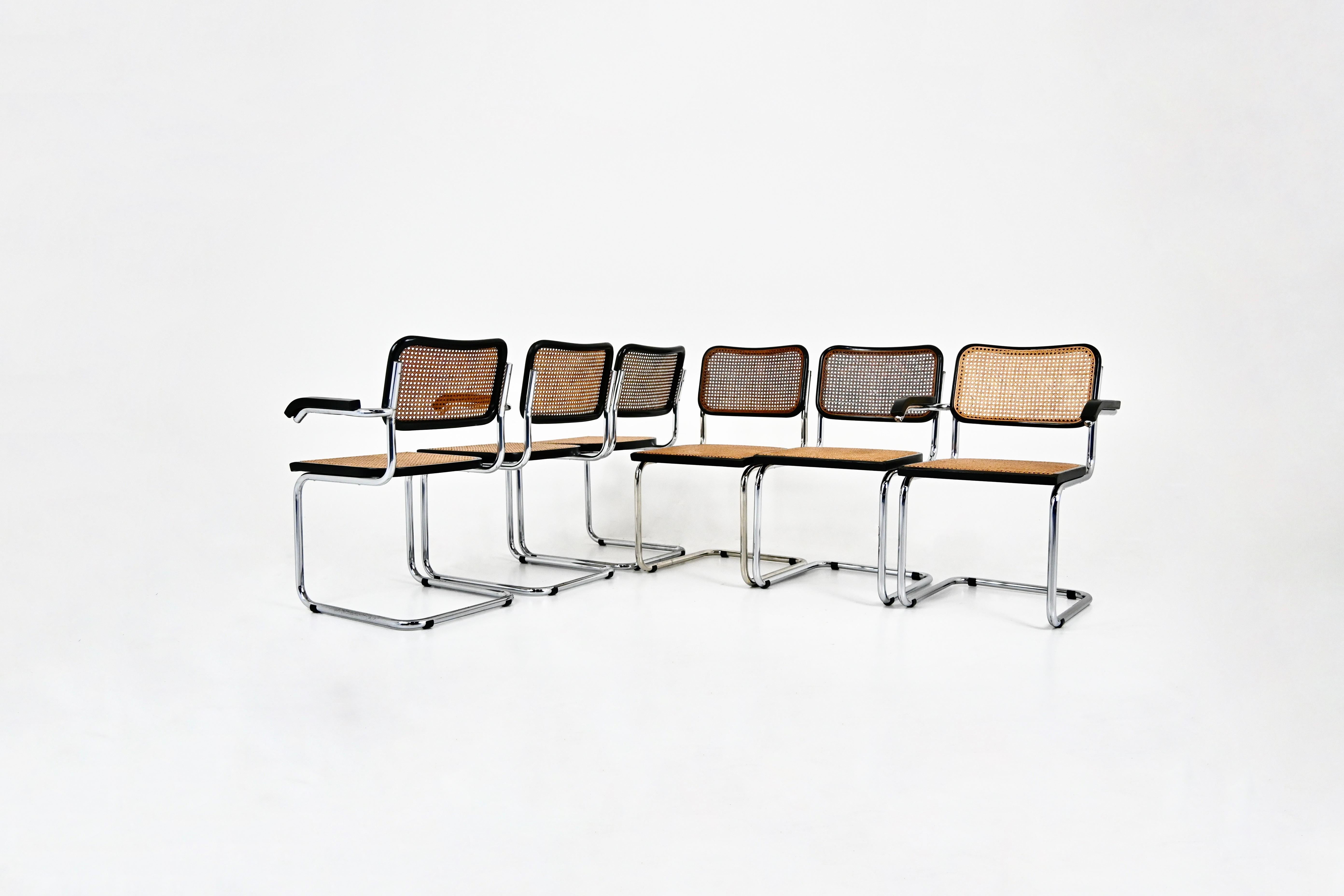Set of 6 chairs in metal, wood and rattan. 
Dimensions: seat height: 46 cm. Width with armrests: 62 cm 
Wear due to time and age of the chairs. 
FOR SHIPPING, REQUEST US FOR RECEIVE THE BEST PRICE




