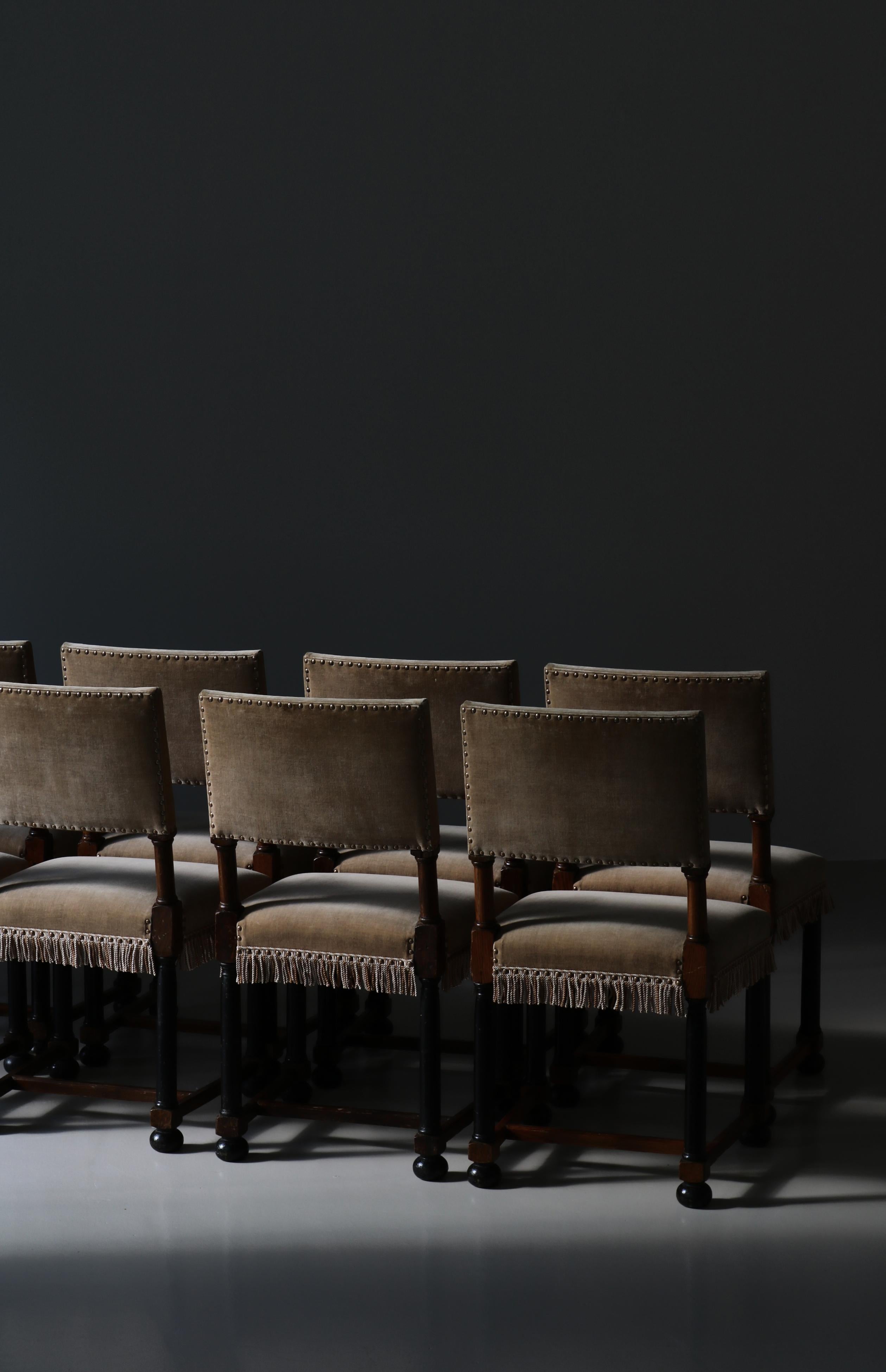 Dining Chairs Swedish Grace Oak & Beige Velvet , Axel-Einar Hjorth Style, 1920s 4