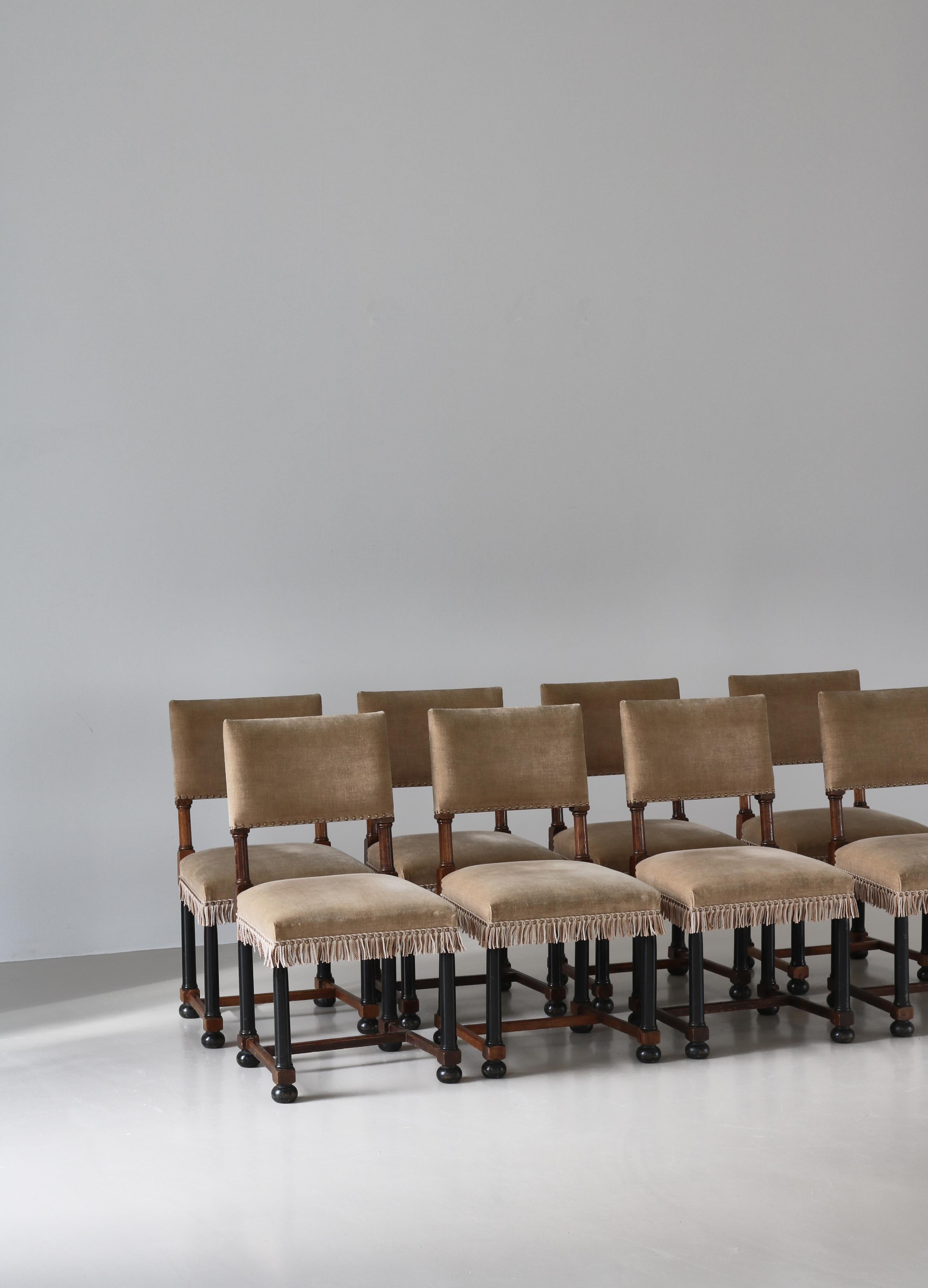 Art Deco Dining Chairs Swedish Grace Oak & Beige Velvet , Axel-Einar Hjorth Style, 1920s