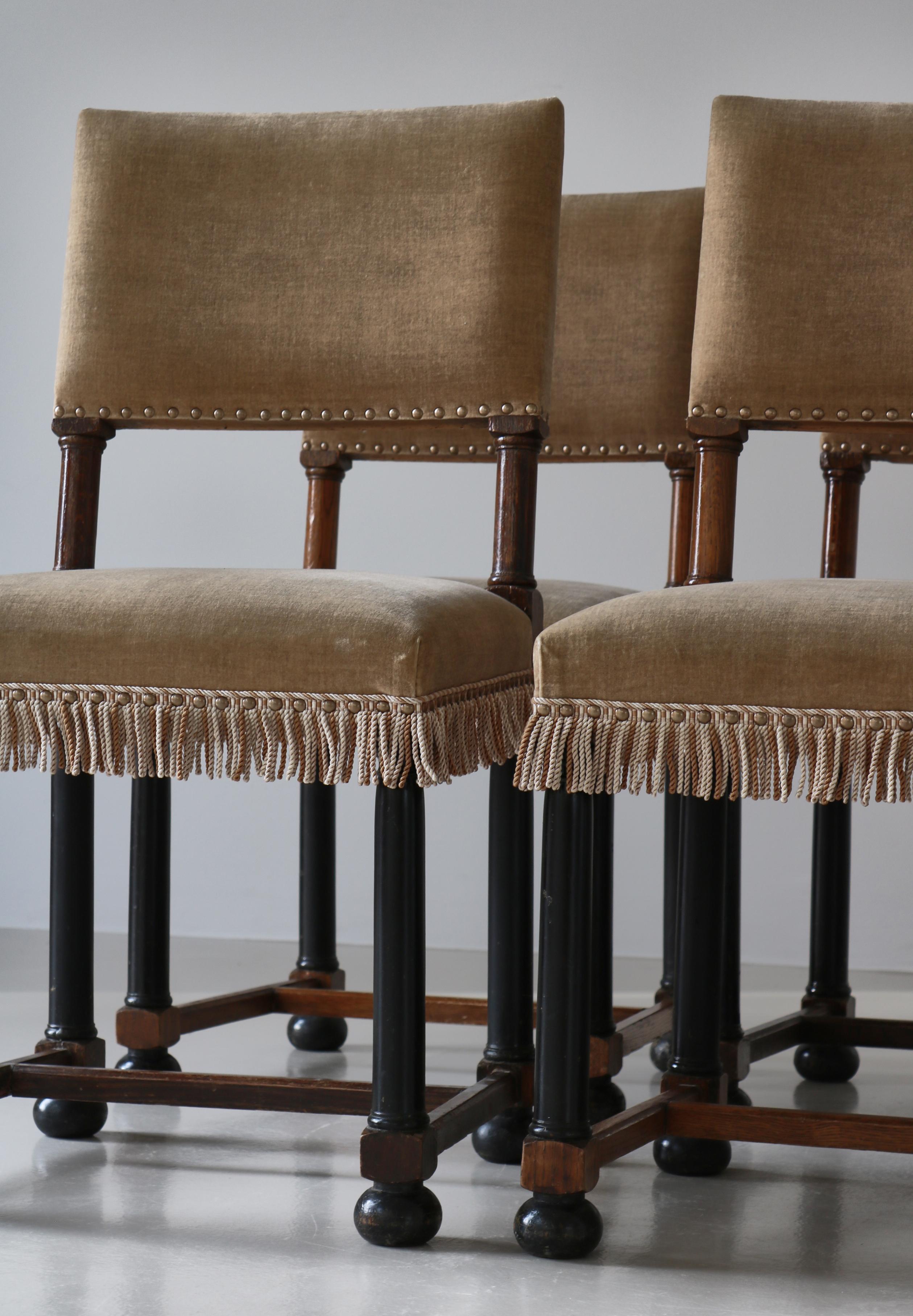 Early 20th Century Dining Chairs Swedish Grace Oak & Beige Velvet , Axel-Einar Hjorth Style, 1920s