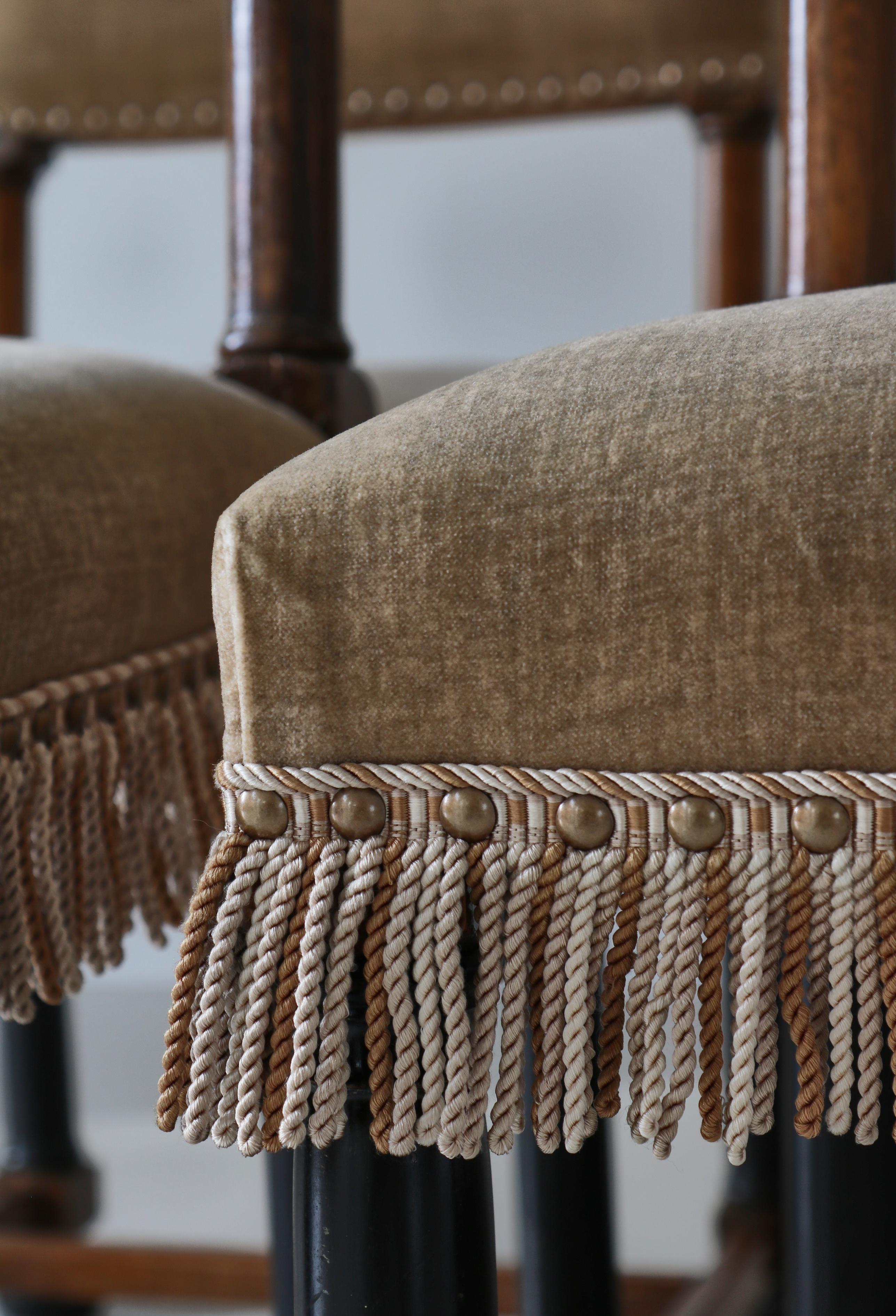 Suede Dining Chairs Swedish Grace Oak & Beige Velvet , Axel-Einar Hjorth Style, 1920s