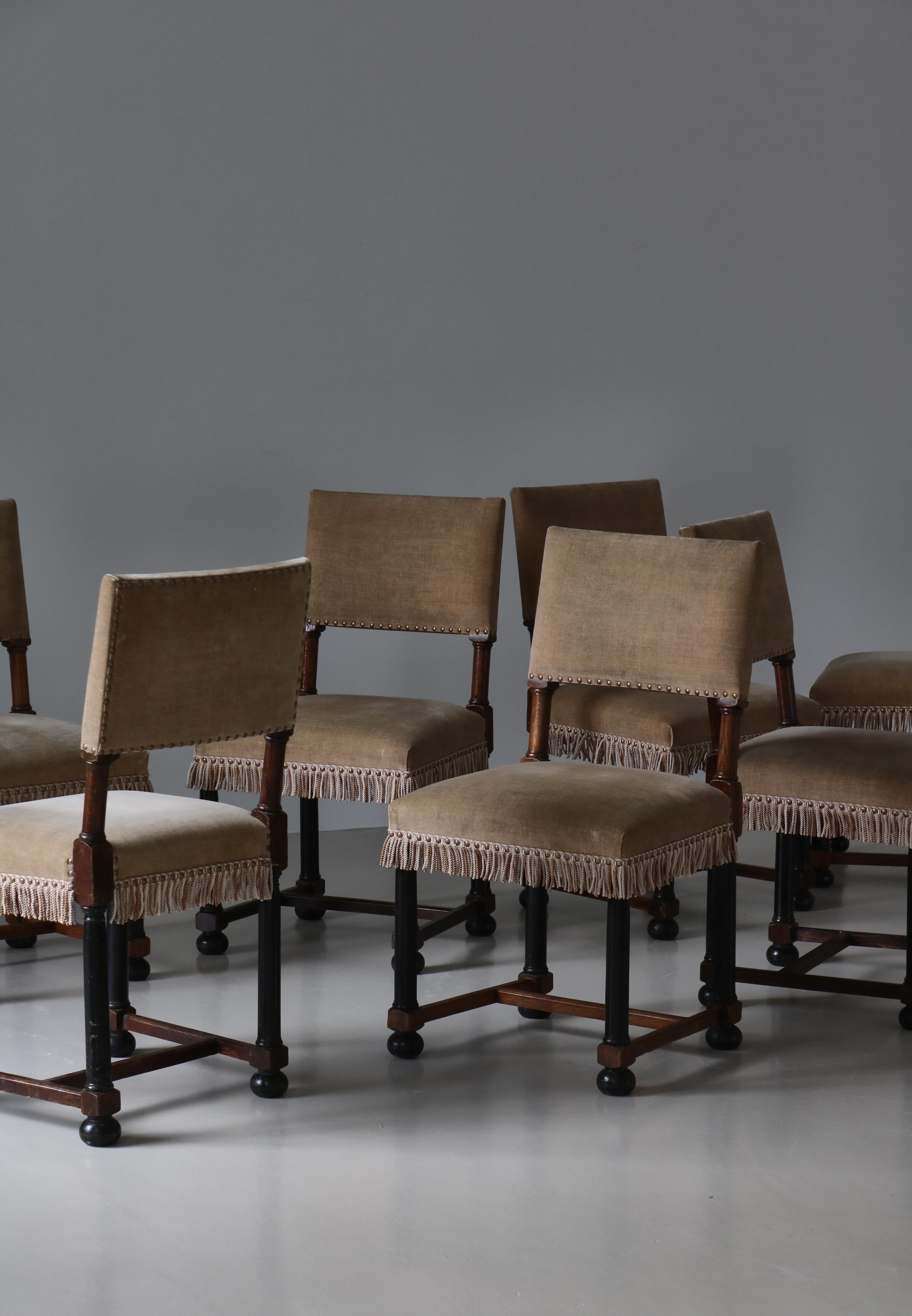 Dining Chairs Swedish Grace Oak & Beige Velvet , Axel-Einar Hjorth Style, 1920s 1