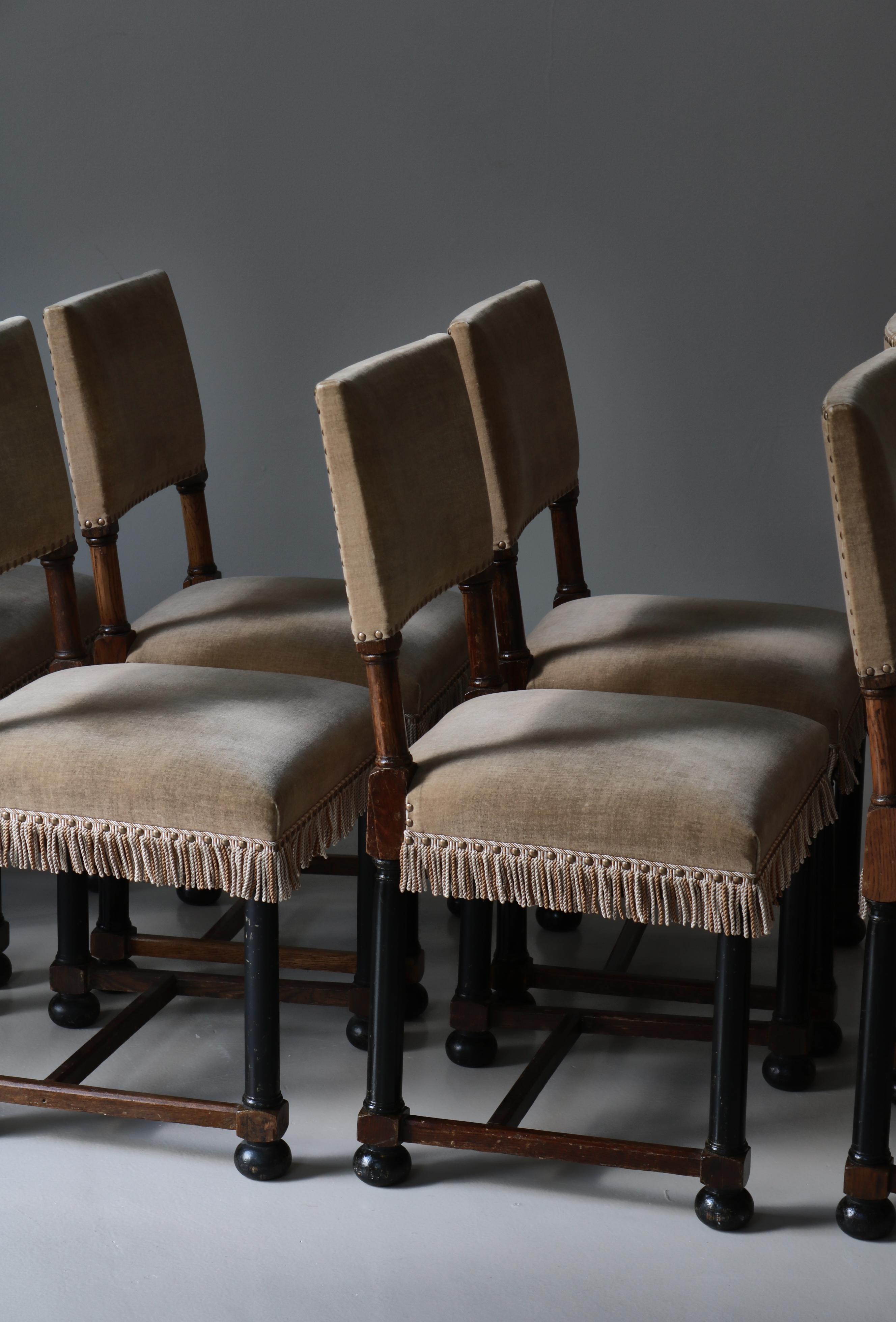 Dining Chairs Swedish Grace Oak & Beige Velvet , Axel-Einar Hjorth Style, 1920s 2
