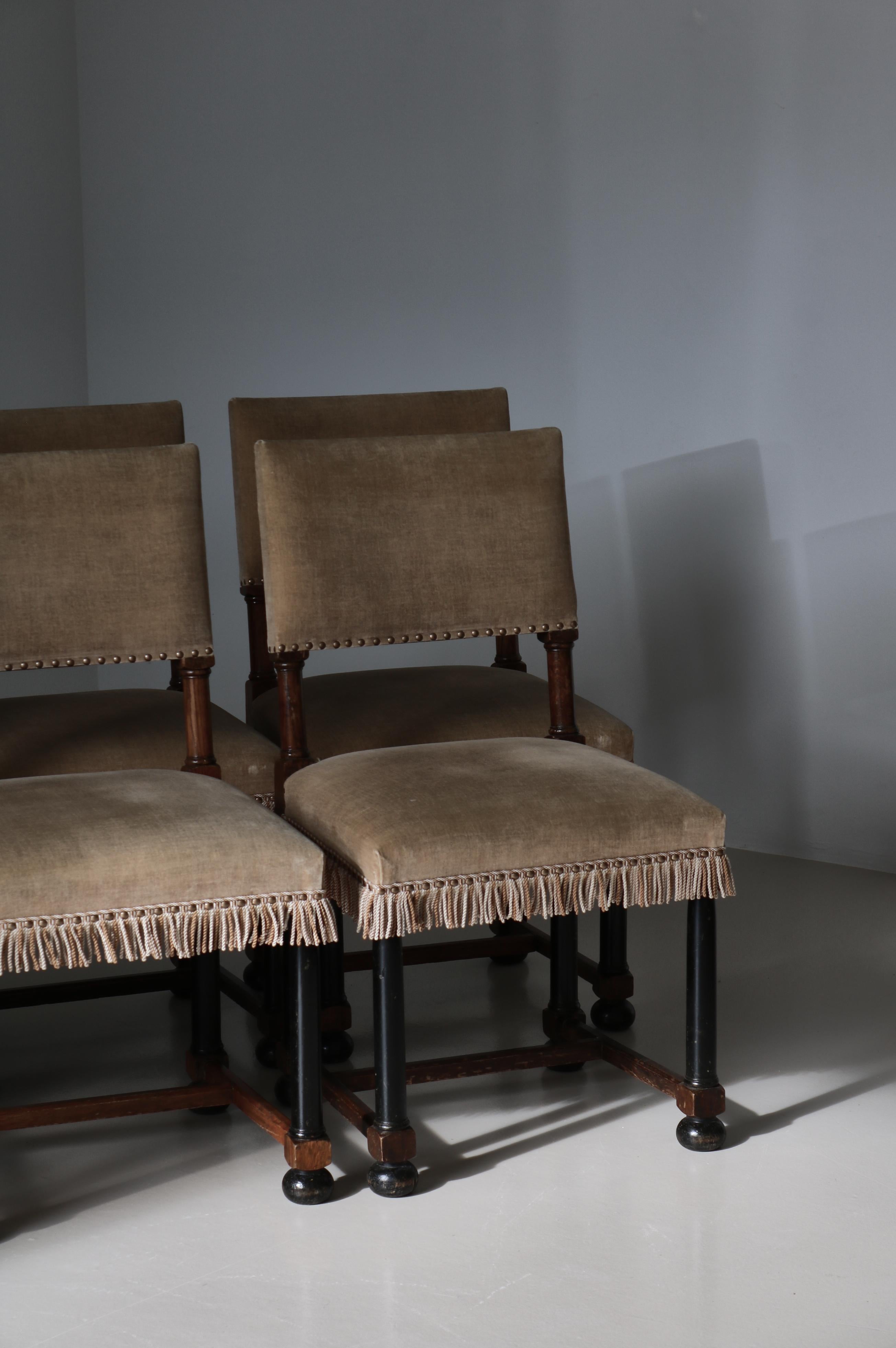 Dining Chairs Swedish Grace Oak & Beige Velvet , Axel-Einar Hjorth Style, 1920s 3