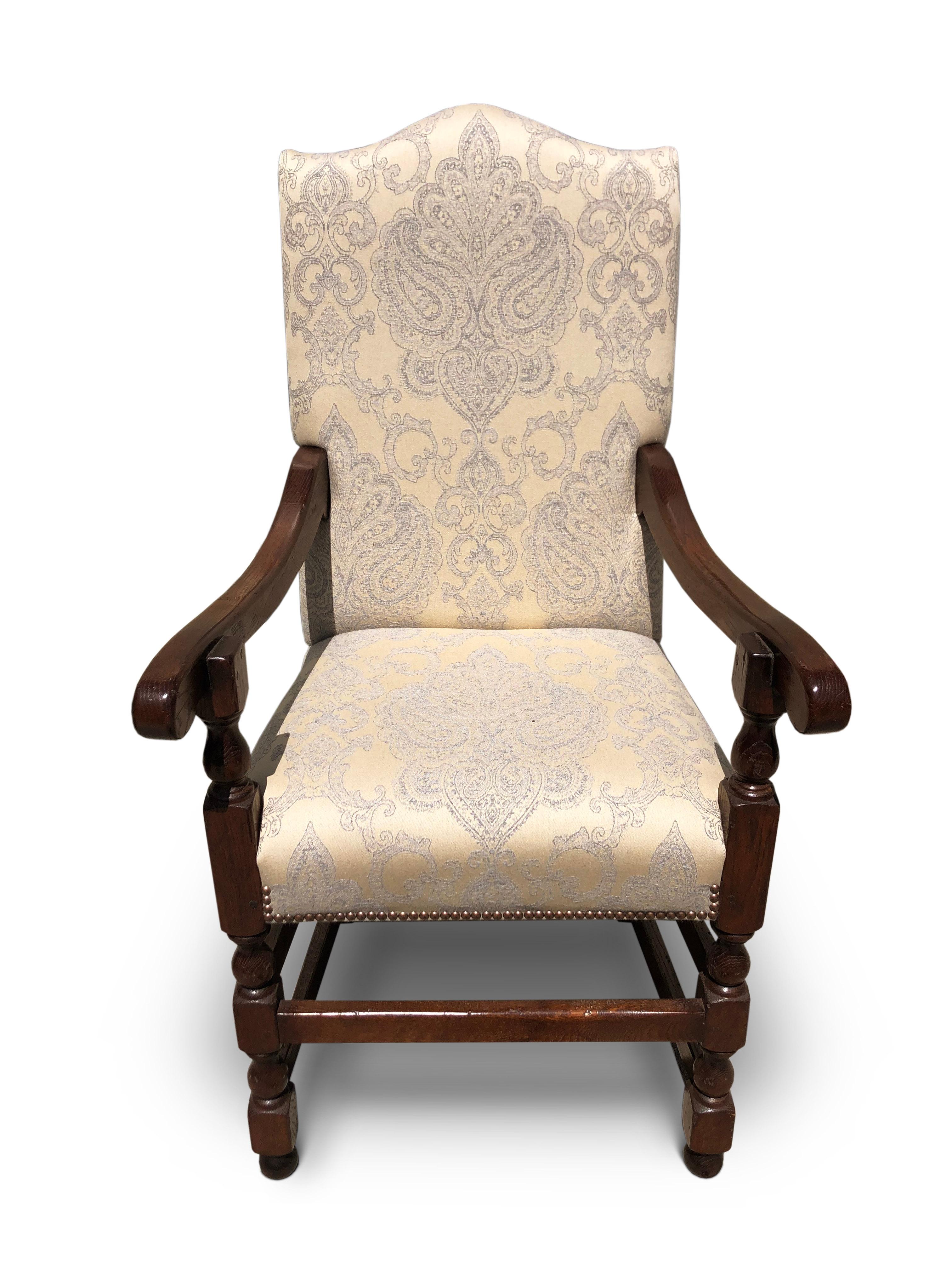 Jacobean Dining Chairs, Upholstered in Damask Fabric, '10' For Sale