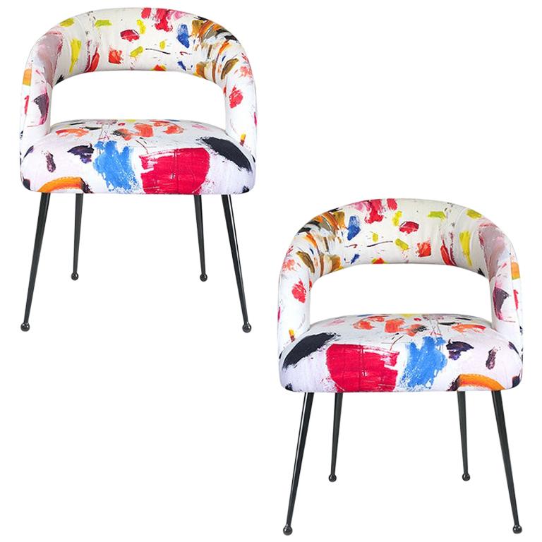 Dining Chairs with Arms in Pierre Frey Linen Arty Fabric, a Pair France