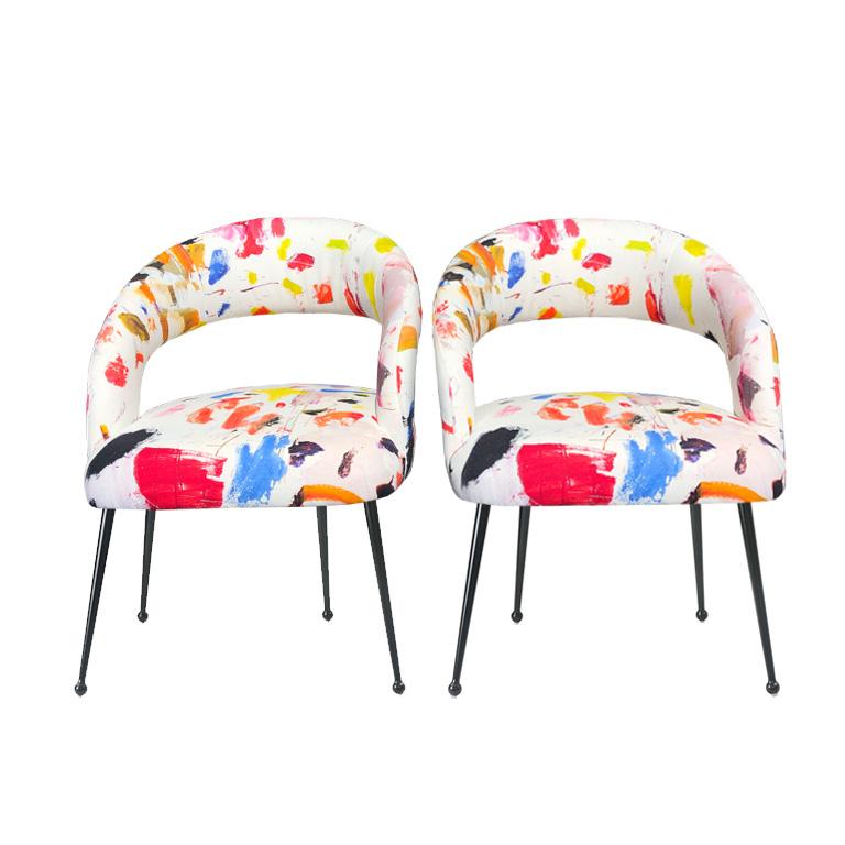 Modern Dining Chairs with Arms in Pierre Frey Linen Arty Fabric, a Pair France