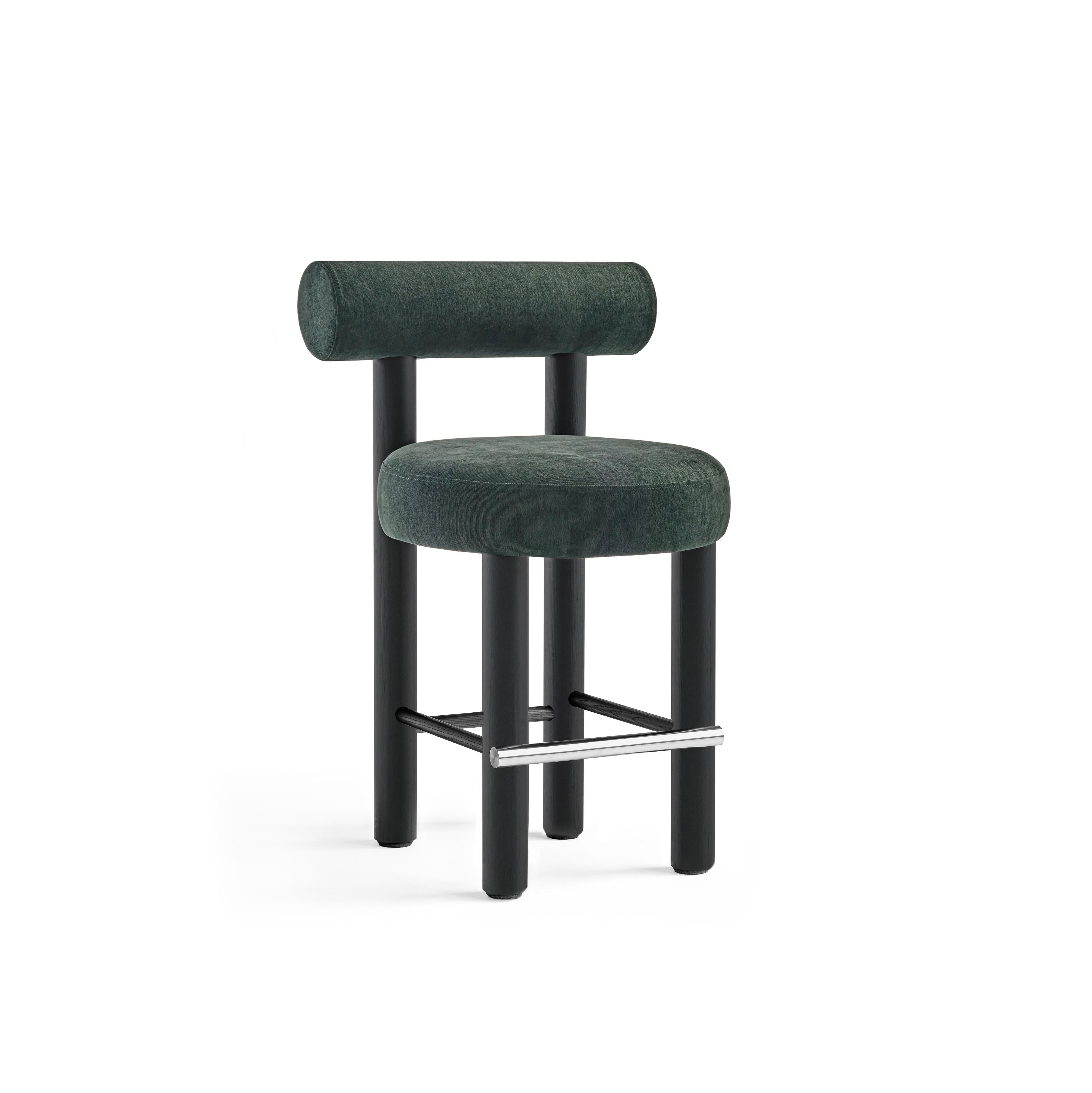 Chair Gropius CS2
Designer: Kateryna Sokolova

Dining chairs (x6): H74x57x57cm, seat H.47cm
Counter chairs x2): H88x57x57cm, seat H.65cm

Finishes: 
Legs: black wood
Upholstery: Green Velvet, Ranger 68

--
New NOOM furniture collection is dedicated