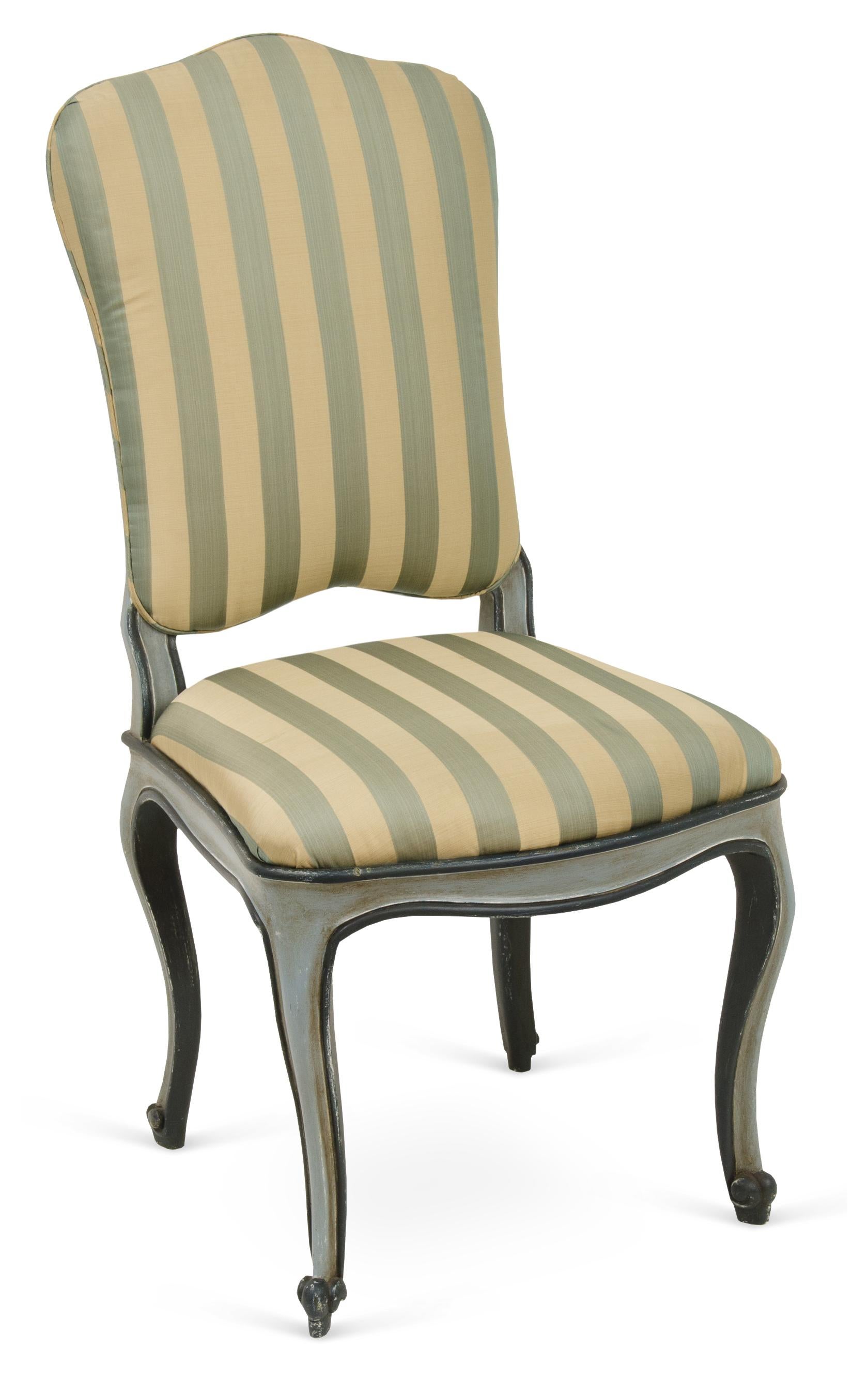 A reproduction Italian chair, hand-crafted with traditional joinery, with an antiqued paint finish and patina on the hand-carved cabriole legs. Custom sizes and finishes available.

