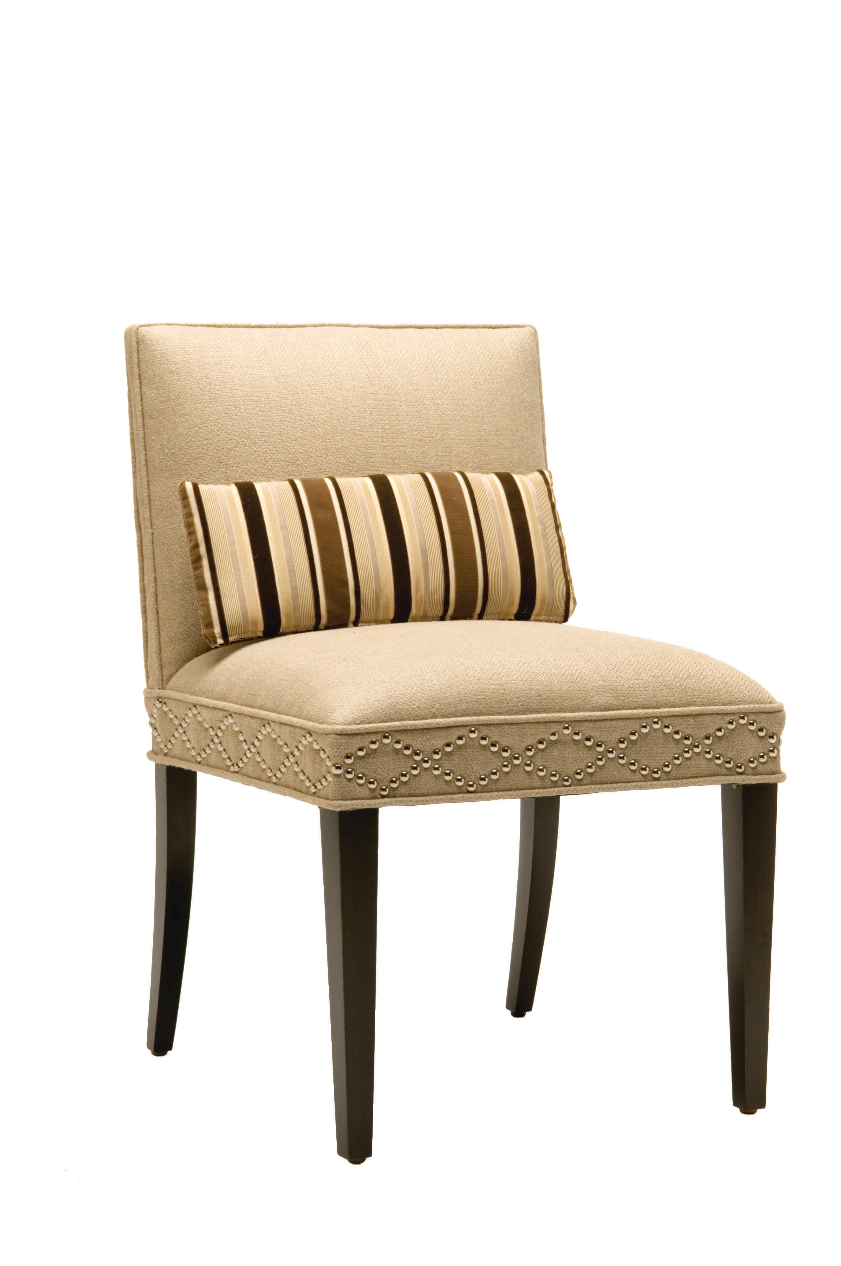 A hand-crafted tailored side chair inspired by the neo-classical movement of the 1940s. Features contrast nail trim. Custom sizes, finishes and contrast lumbar pillow available. Custom design nail trims available upon request. We have 2 available