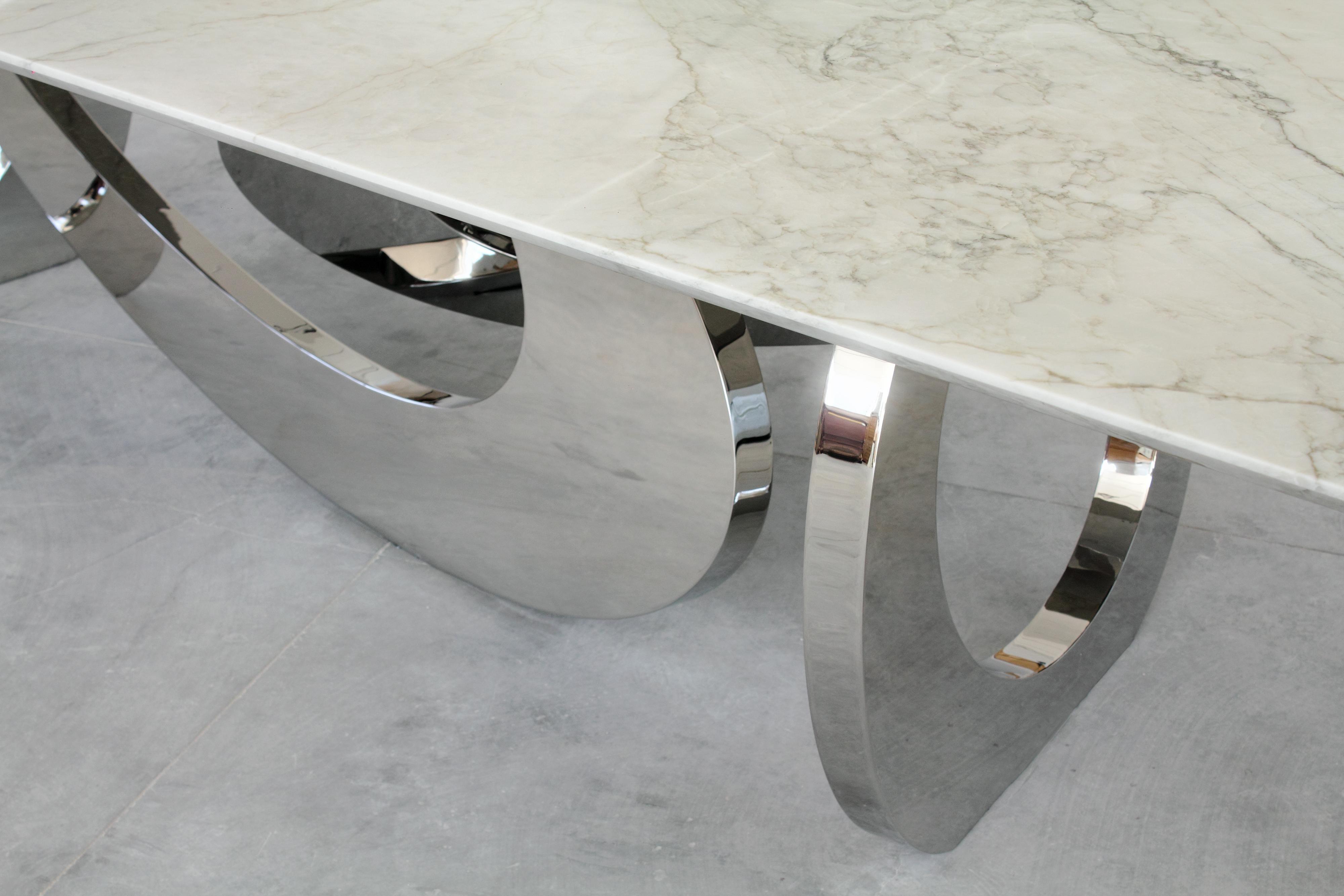 Stainless Steel Dining Desk Table Gold Mirror Metal Rings White Carrara Marble Top Sculpture For Sale