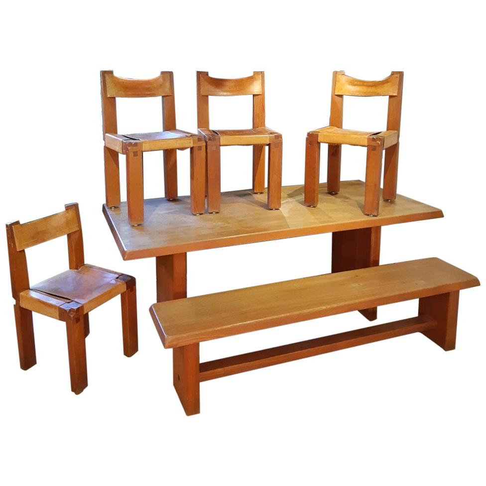 Dining Room by Pierre Chapo 3 S11 Chairs, 1 S14 Bench, 1 T14 Table