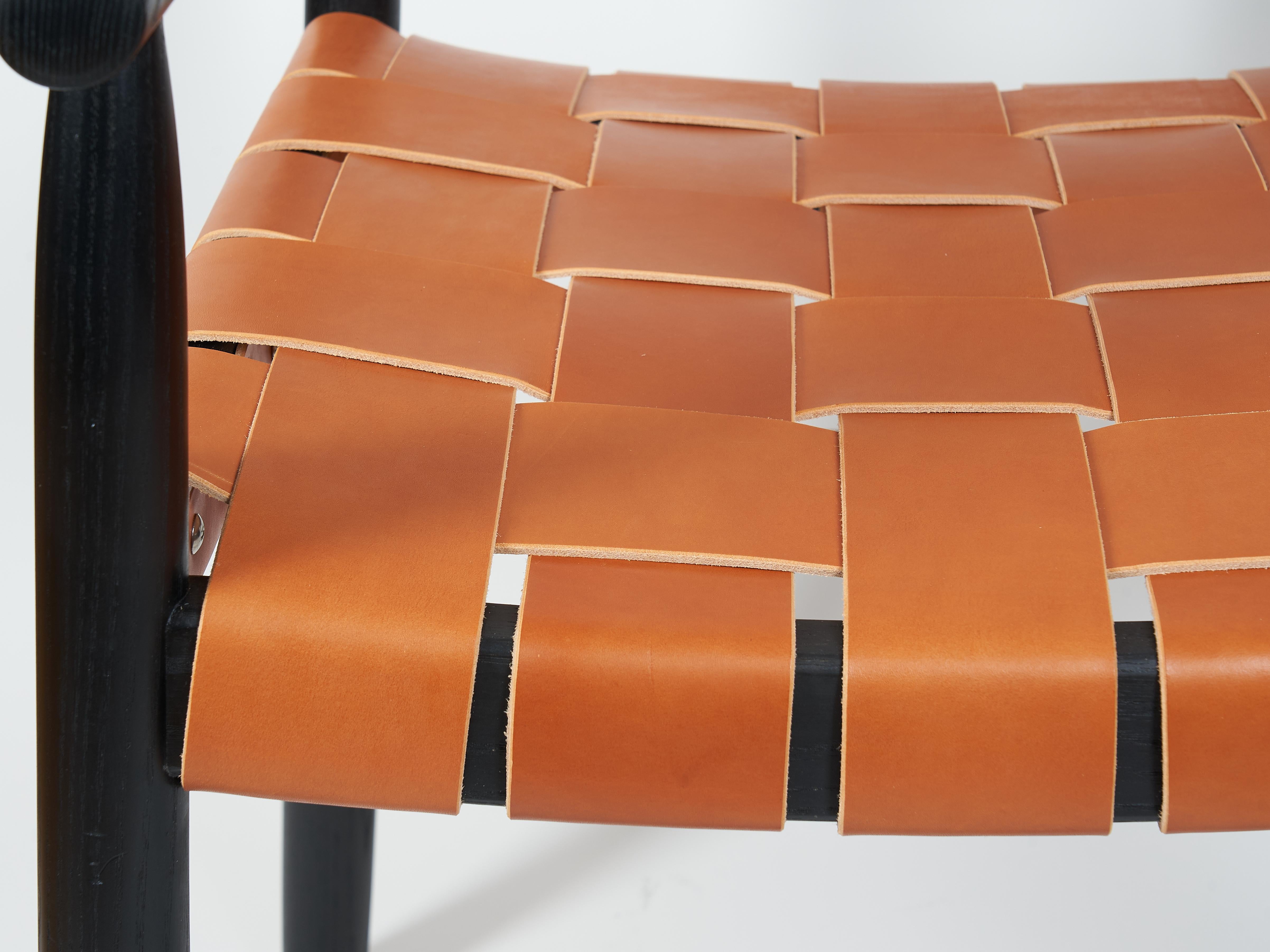 Dining room chair in ebonized ash with the woven leather seat and backrest For Sale 3