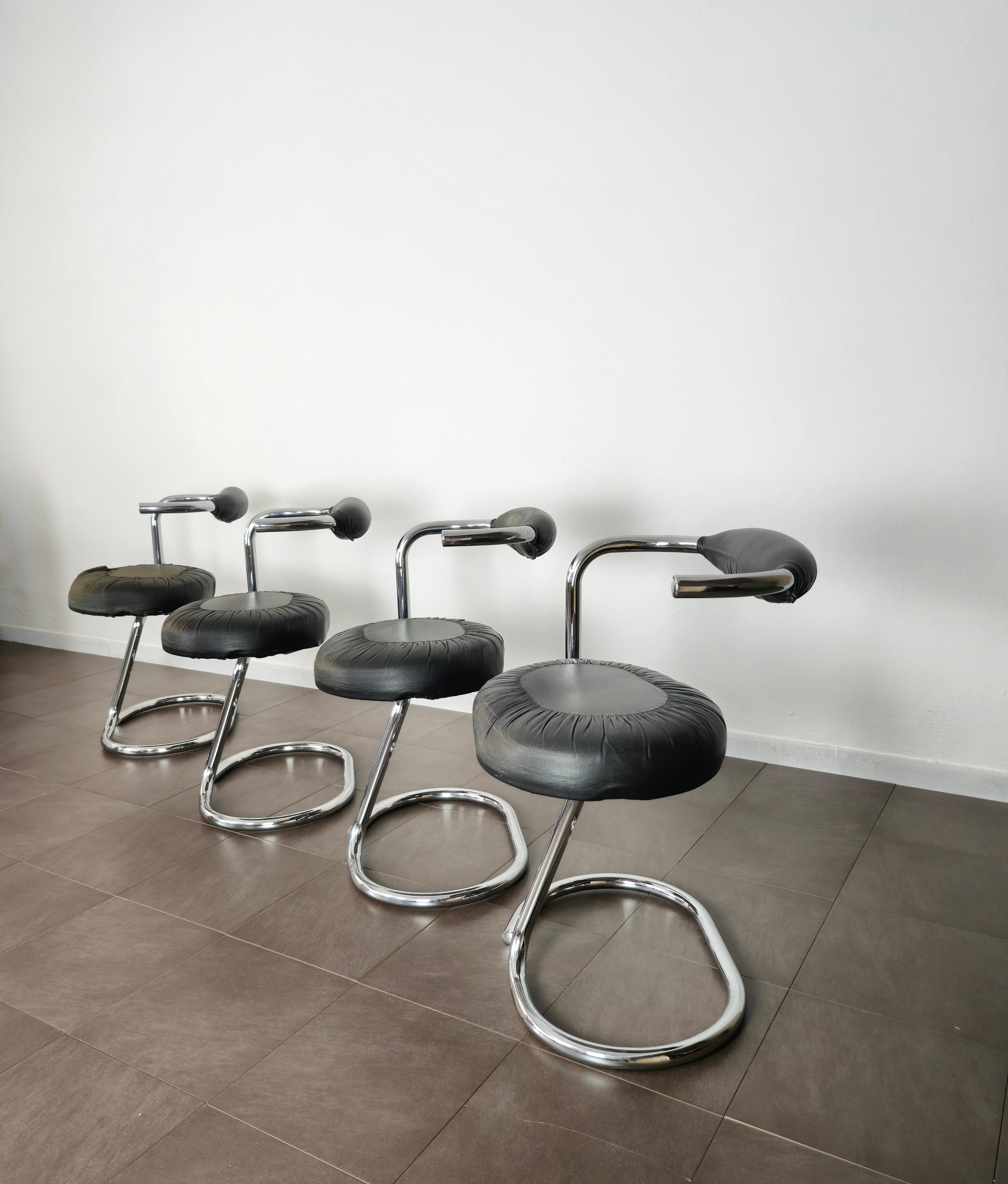 Dining Room Chairs Leather Metal Giotto Stoppino Midcentury Italy 1970s Set of 4 In Distressed Condition In Palermo, IT
