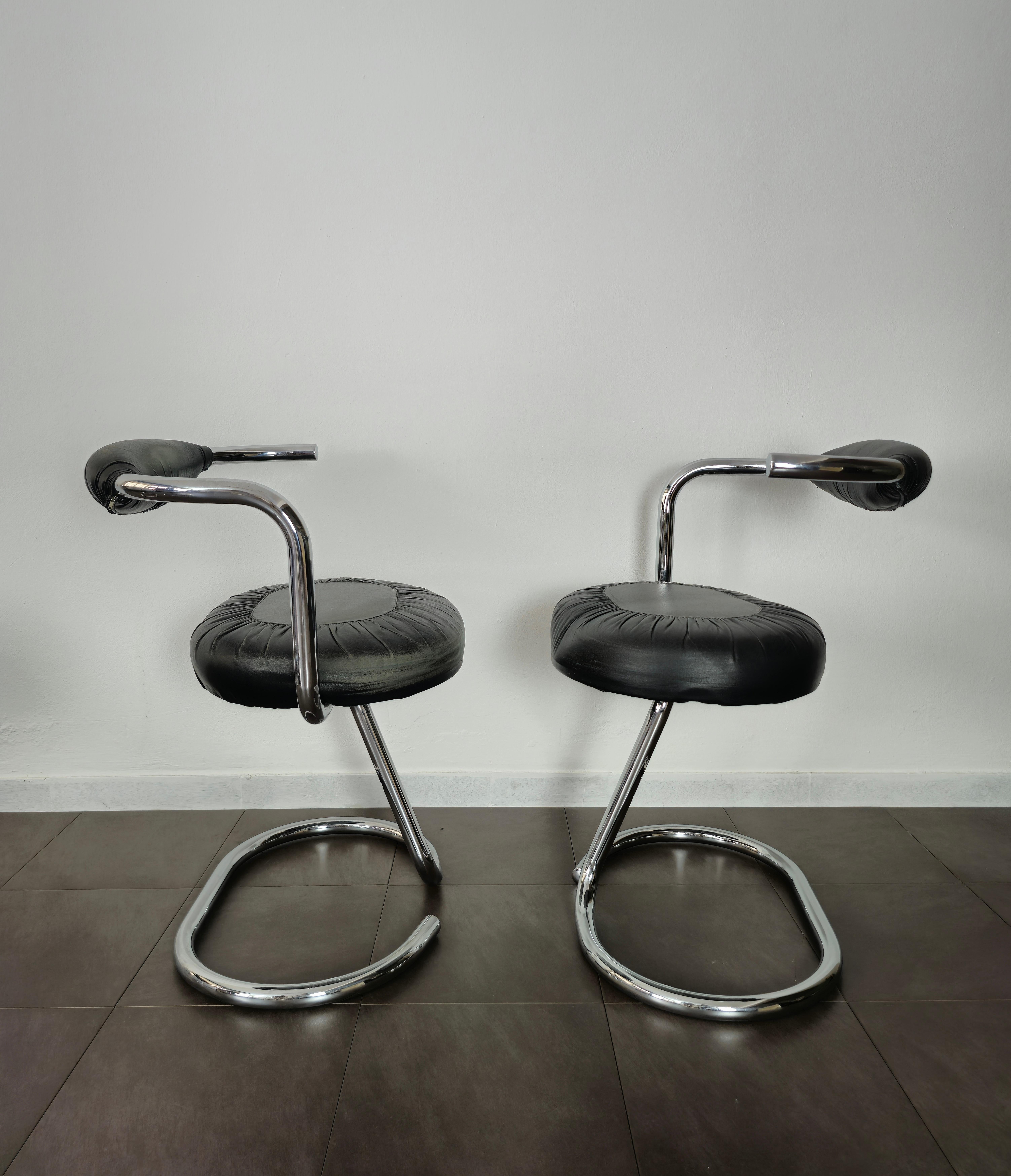 20th Century Dining Room Chairs Leather Metal Giotto Stoppino Midcentury Italy 1970s Set of 4