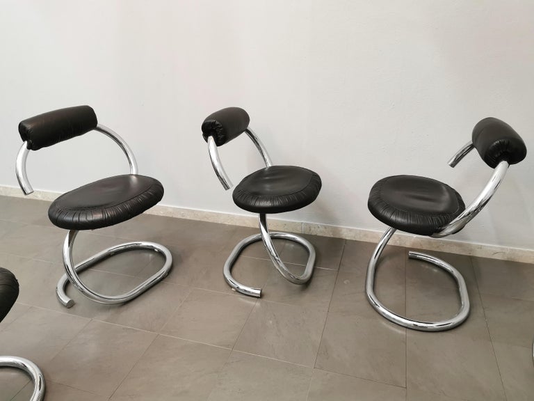 Dining Room Chairs Leather Metal Giotto Stoppino Midcentury Italy 1970s Set of 8 For Sale 4