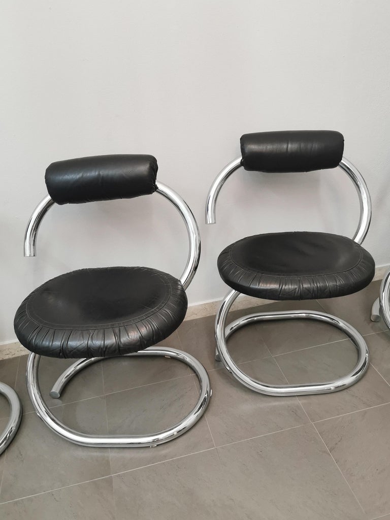 Dining Room Chairs Leather Metal Giotto Stoppino Midcentury Italy 1970s Set of 8 For Sale 5