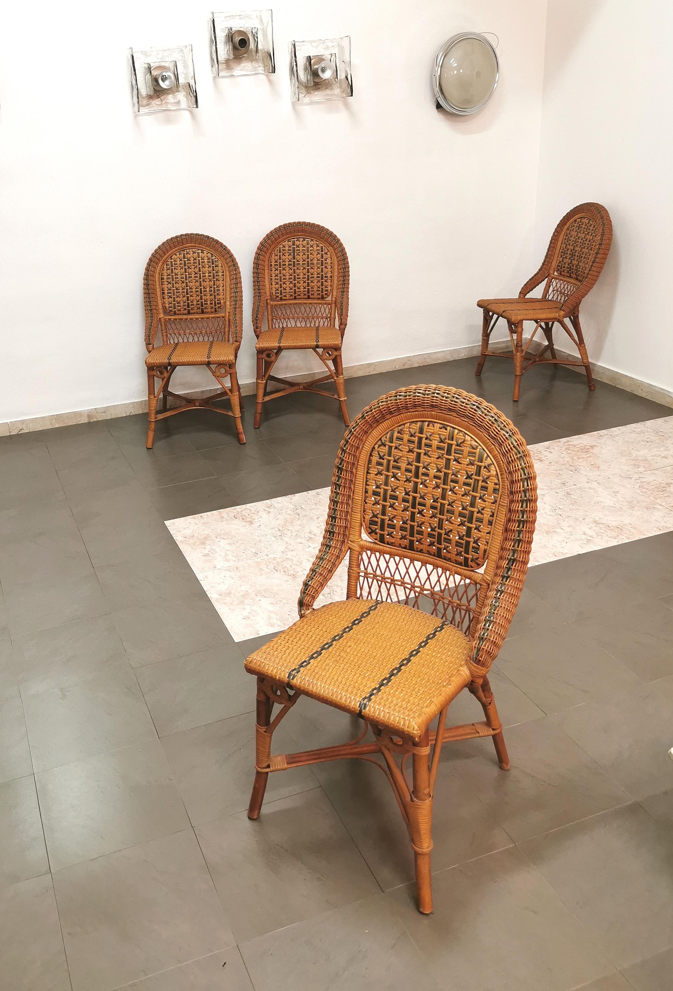 Mid-Century Modern Dining Room Chairs Rattan Bamboo Vivai del Sud Midcentury Italy 1980s Set of 4