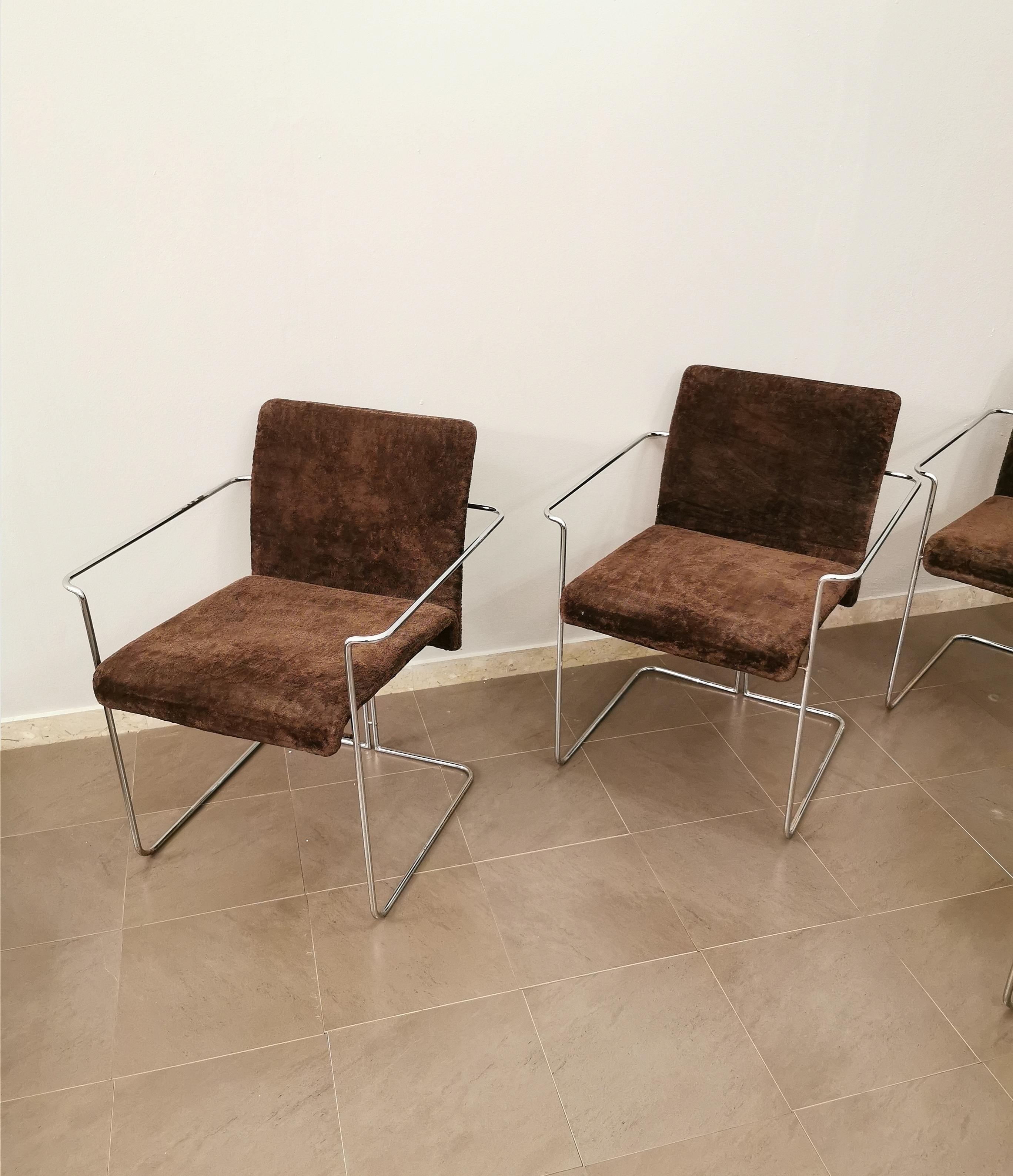 Dining Room Chairs Saporiti Brown Velvet Chrome Metal Midcentury 1970s Set of 4 7
