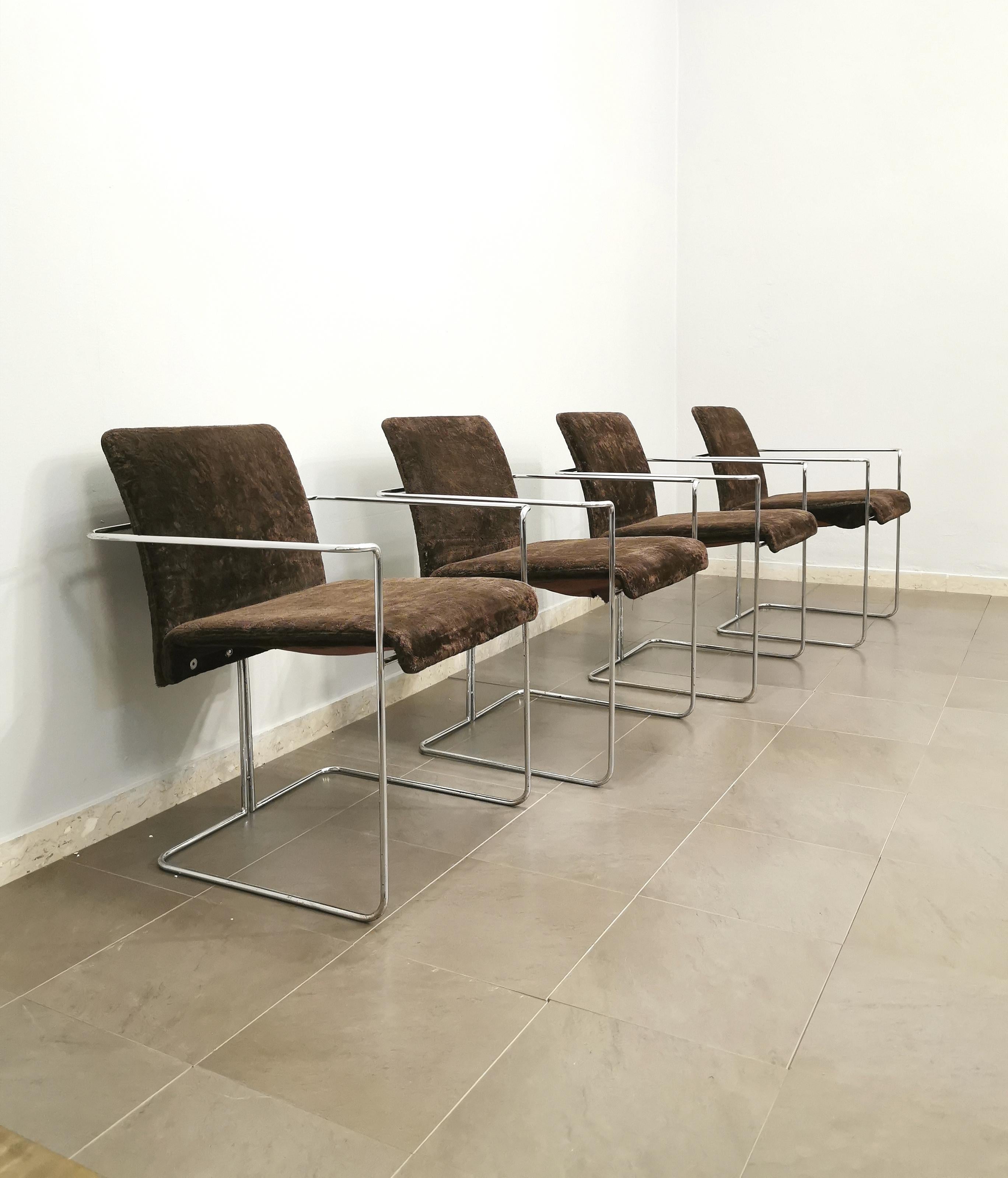 Mid-Century Modern Dining Room Chairs Saporiti Brown Velvet Chrome Metal Midcentury 1970s Set of 4
