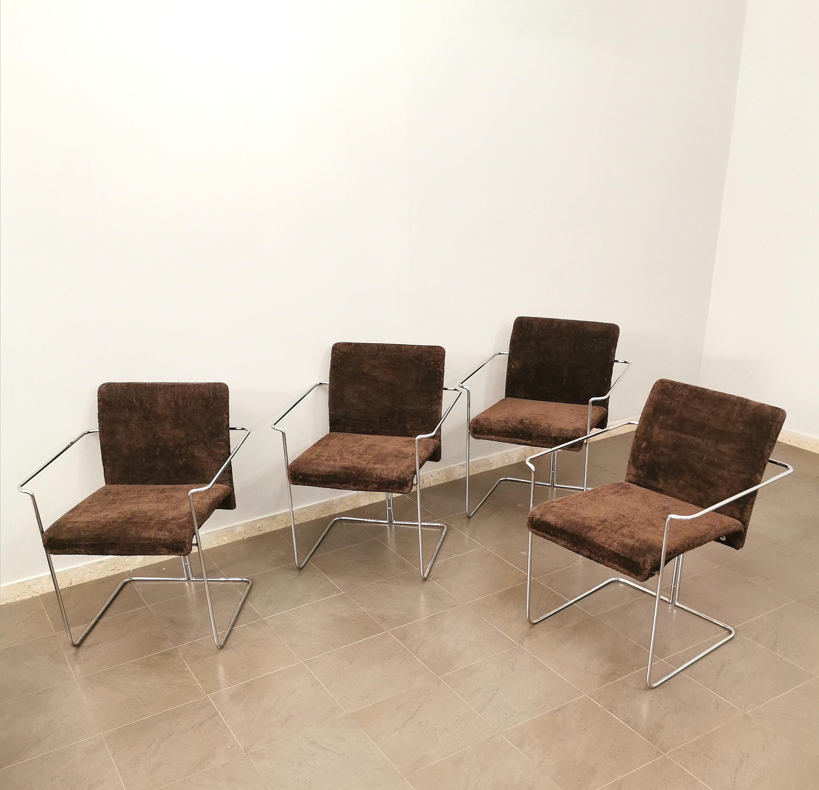 Italian Dining Room Chairs Saporiti Brown Velvet Chrome Metal Midcentury 1970s Set of 4