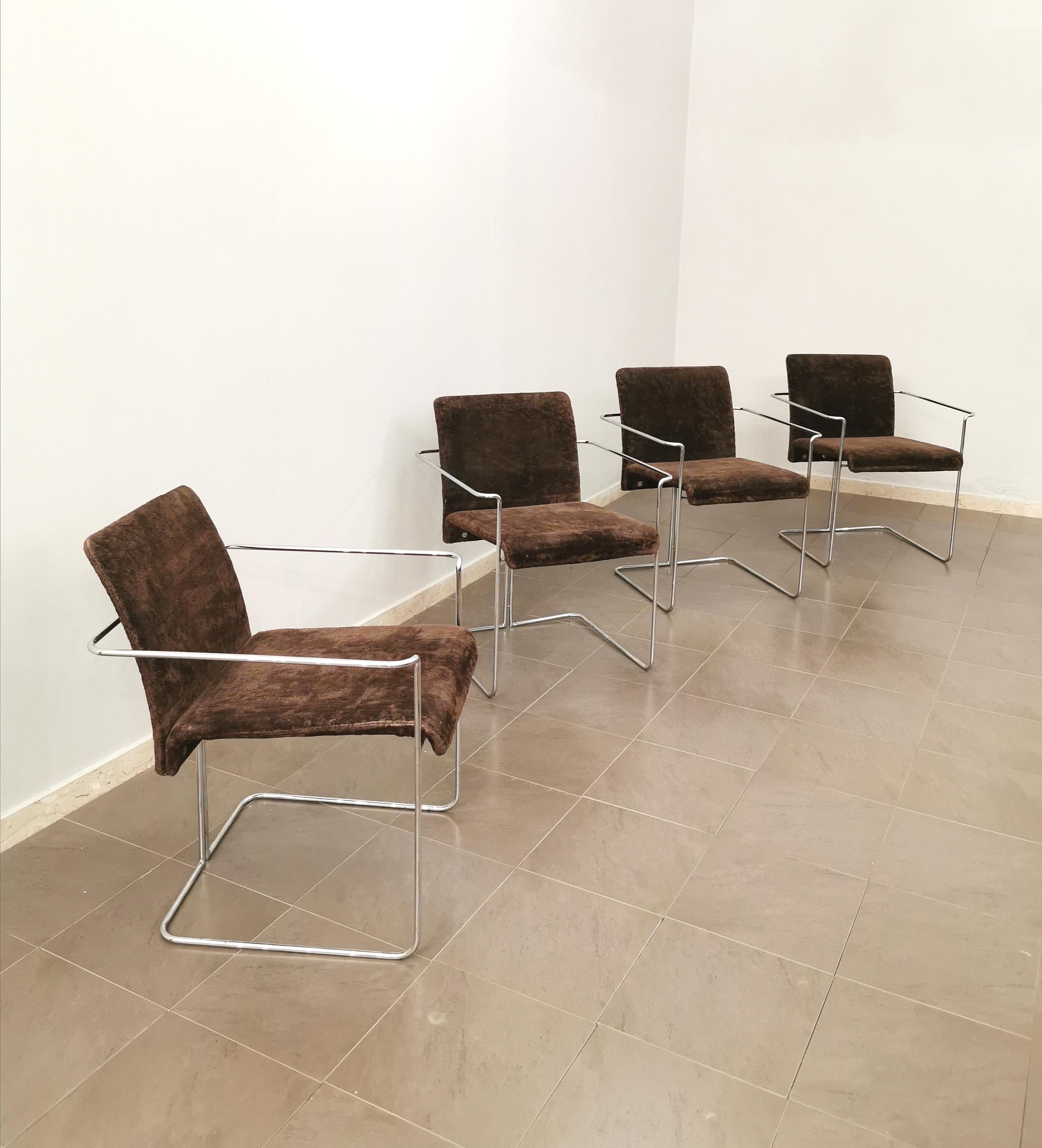 20th Century Dining Room Chairs Saporiti Brown Velvet Chrome Metal Midcentury 1970s Set of 4