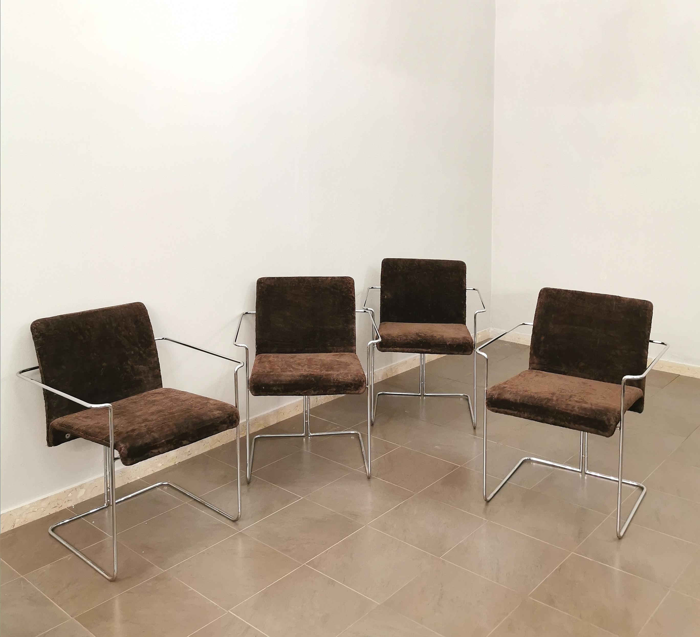 Dining Room Chairs Saporiti Brown Velvet Chrome Metal Midcentury 1970s Set of 4 3