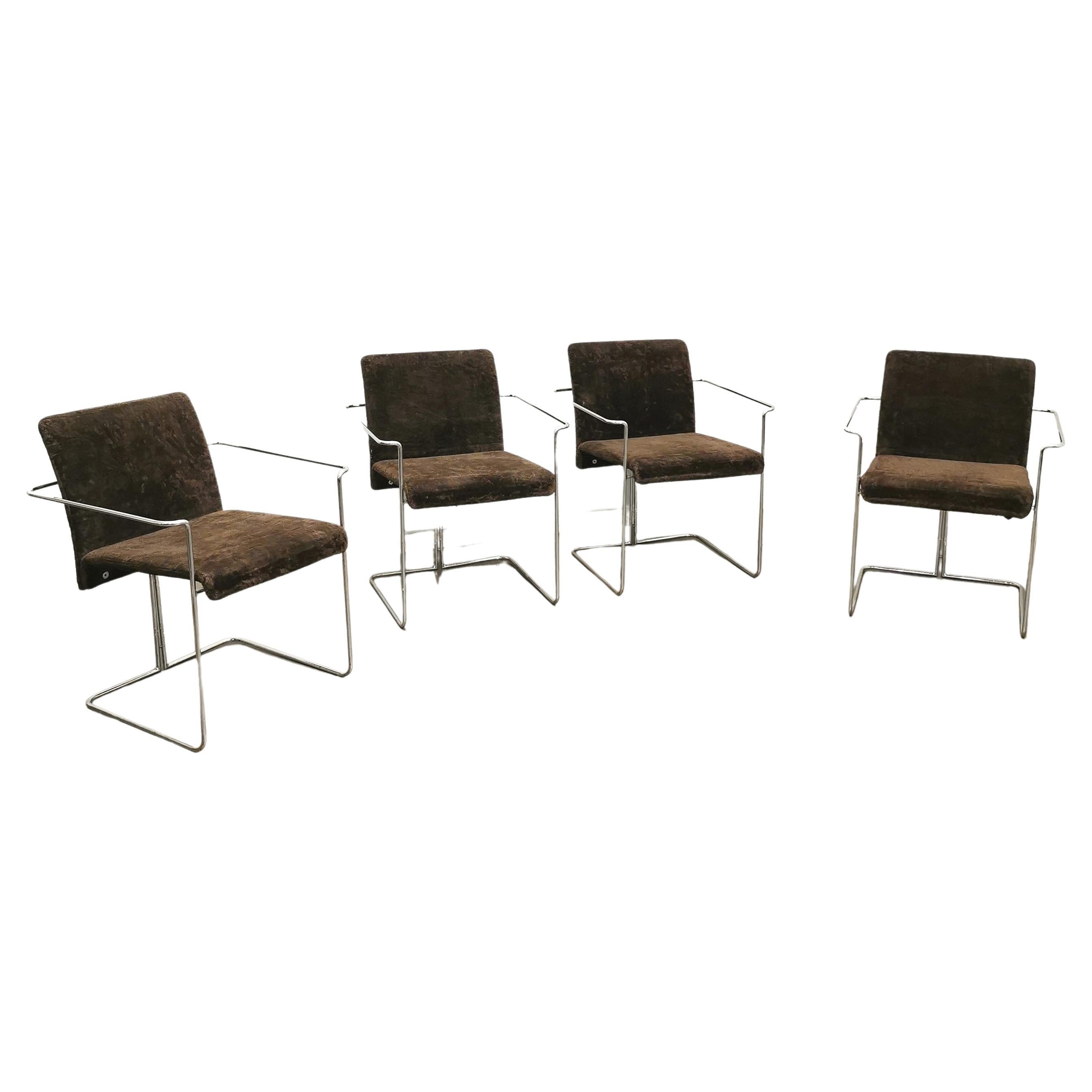 Dining Room Chairs Saporiti Brown Velvet Chrome Metal Midcentury 1970s Set of 4