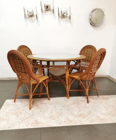 Dining Room Chairs Table Rattan Bamboo Fabric Glass Vivai del Sud 1980s Set of 5