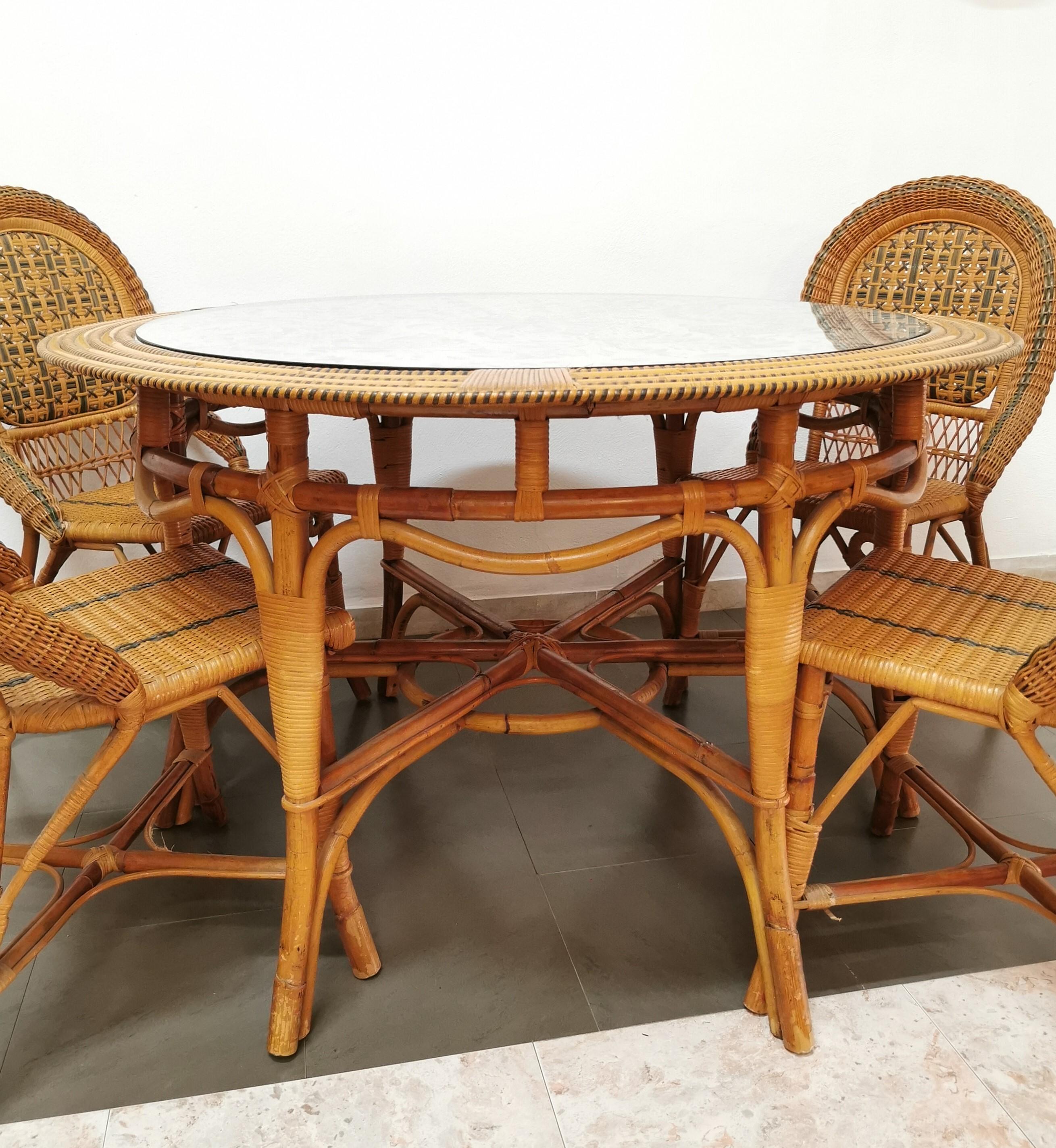 20th Century Dining Room Chairs Table Rattan Bamboo Fabric Glass Vivai del Sud 1980s Set of 5