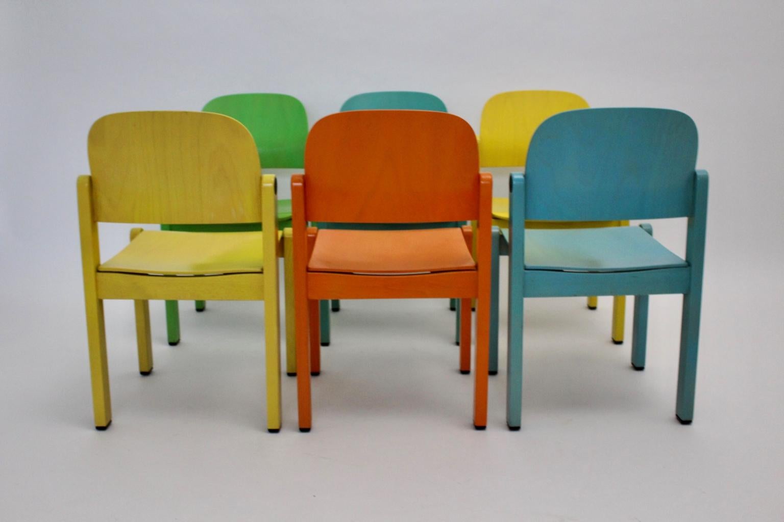 Dining Chairs Vintage Multi-color Beech Pop Art Set of Six, circa 1980 For Sale 5