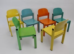 Chaises de salle à manger - Ensemble de six chaises Pop Art vintage en hêtre multicolore, vers 1980