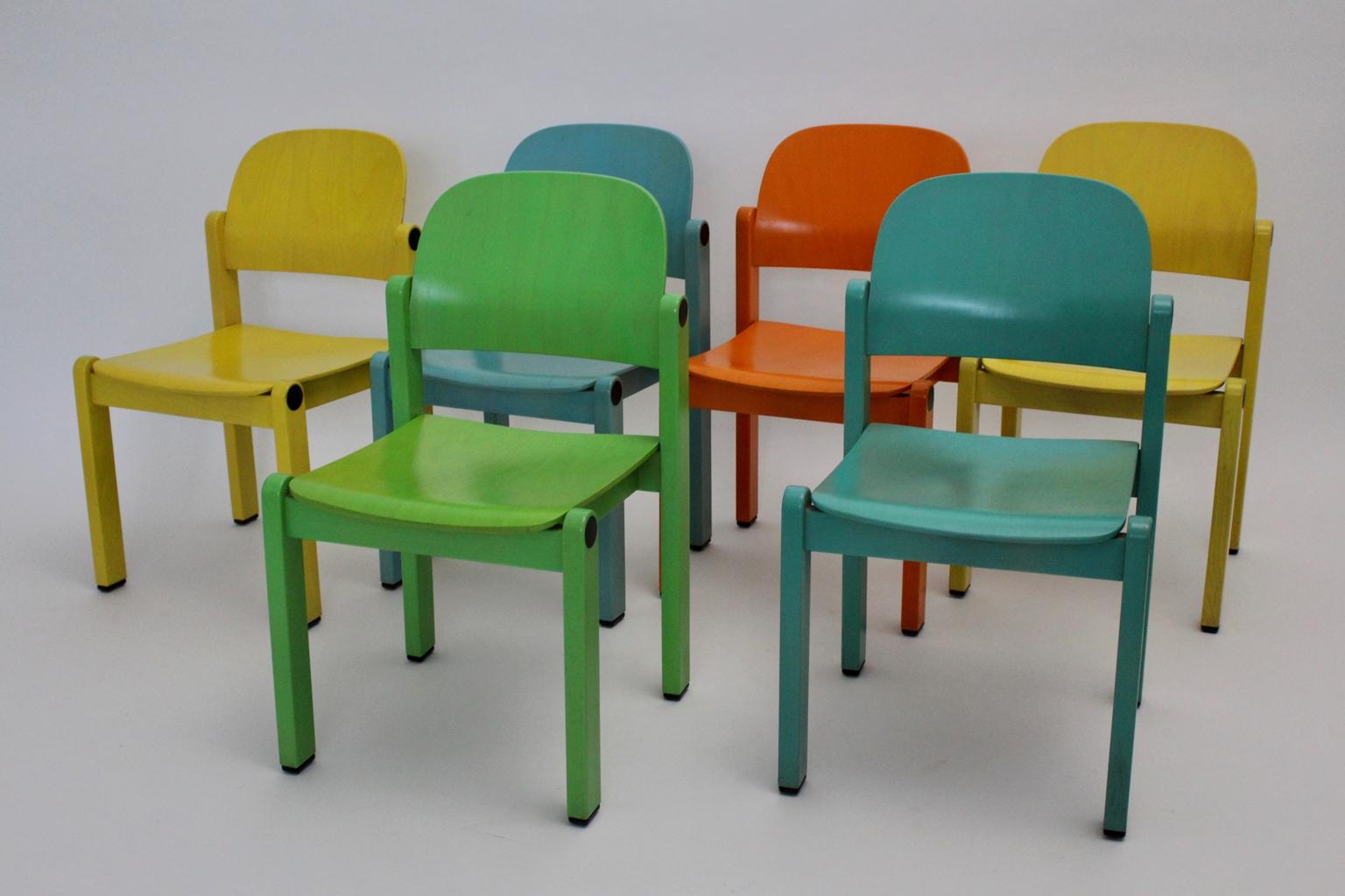 Modern Dining Chairs Vintage Multi-color Beech Pop Art Set of Six, circa 1980 For Sale