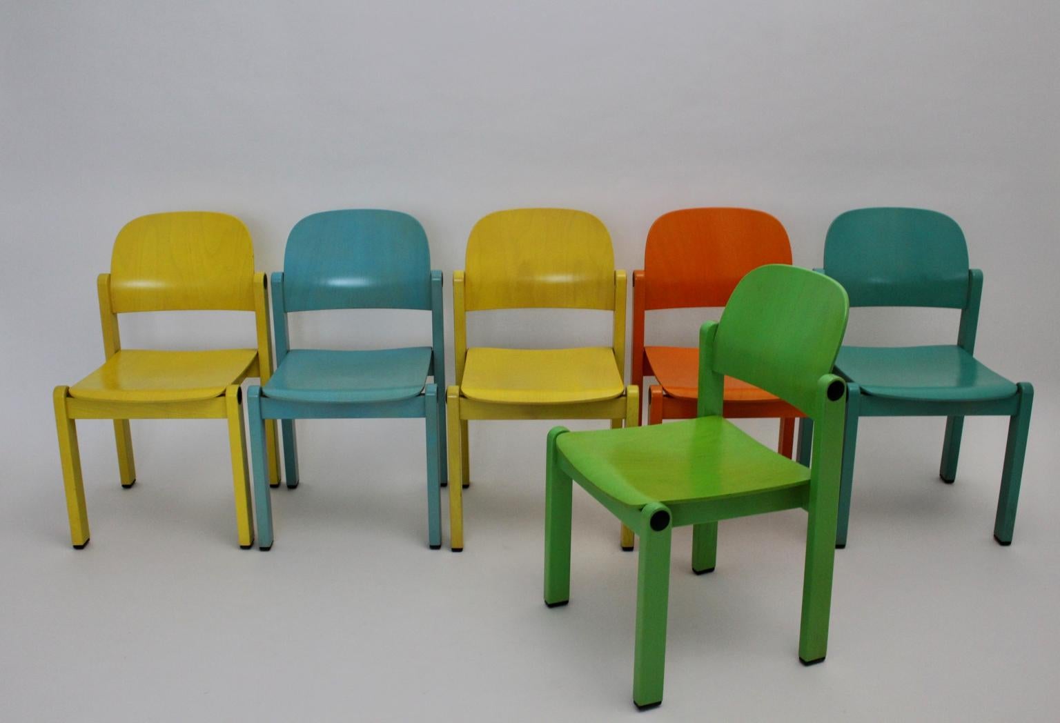 Dining Chairs Vintage Multi-color Beech Pop Art Set of Six, circa 1980 In Good Condition For Sale In Vienna, AT