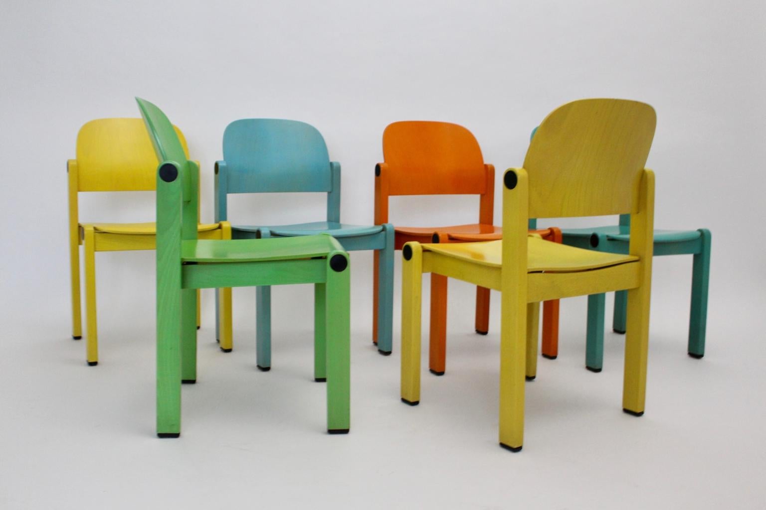 Late 20th Century Dining Chairs Vintage Multi-color Beech Pop Art Set of Six, circa 1980 For Sale