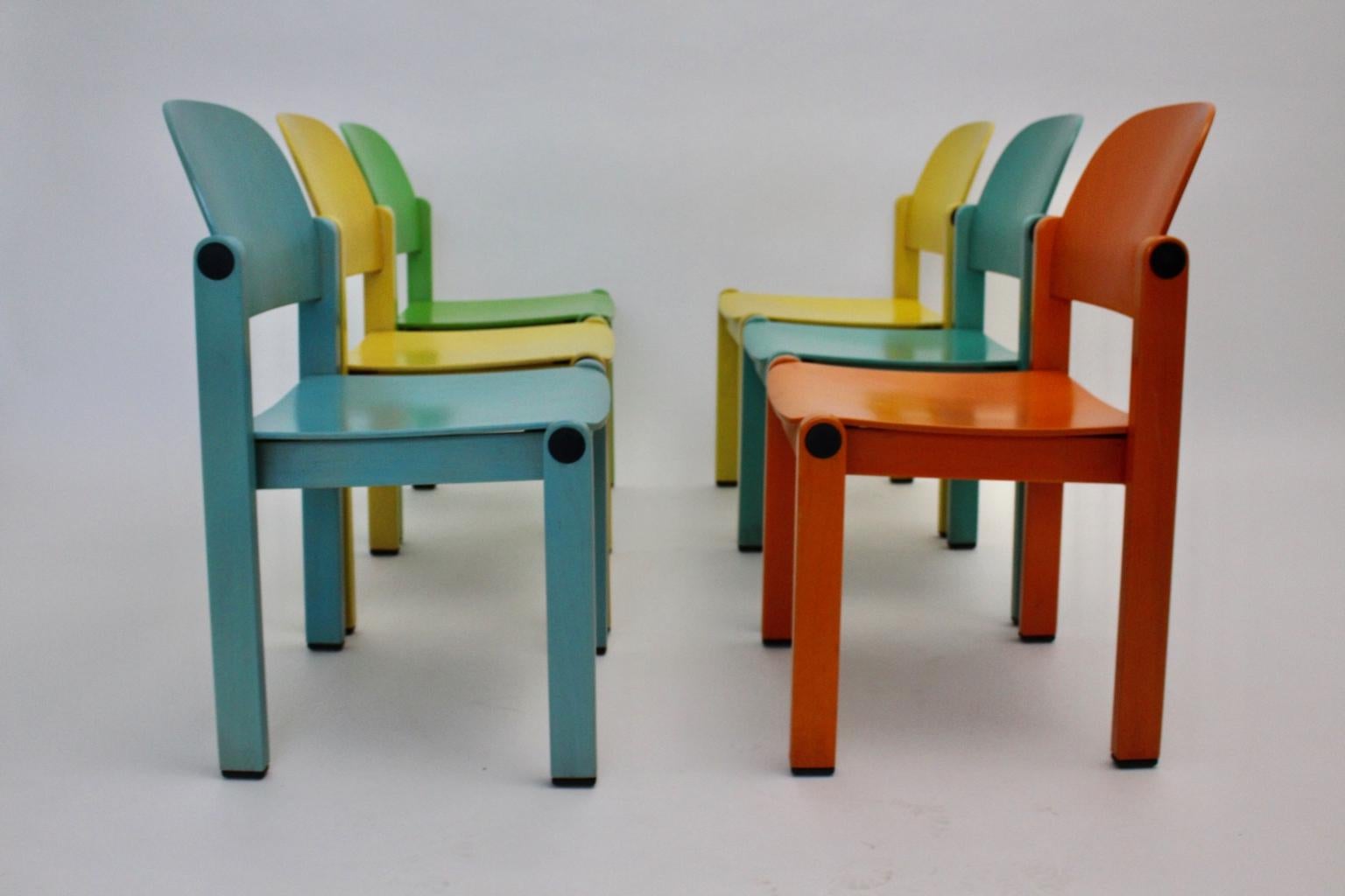 Dining Chairs Vintage Multi-color Beech Pop Art Set of Six, circa 1980 For Sale 1