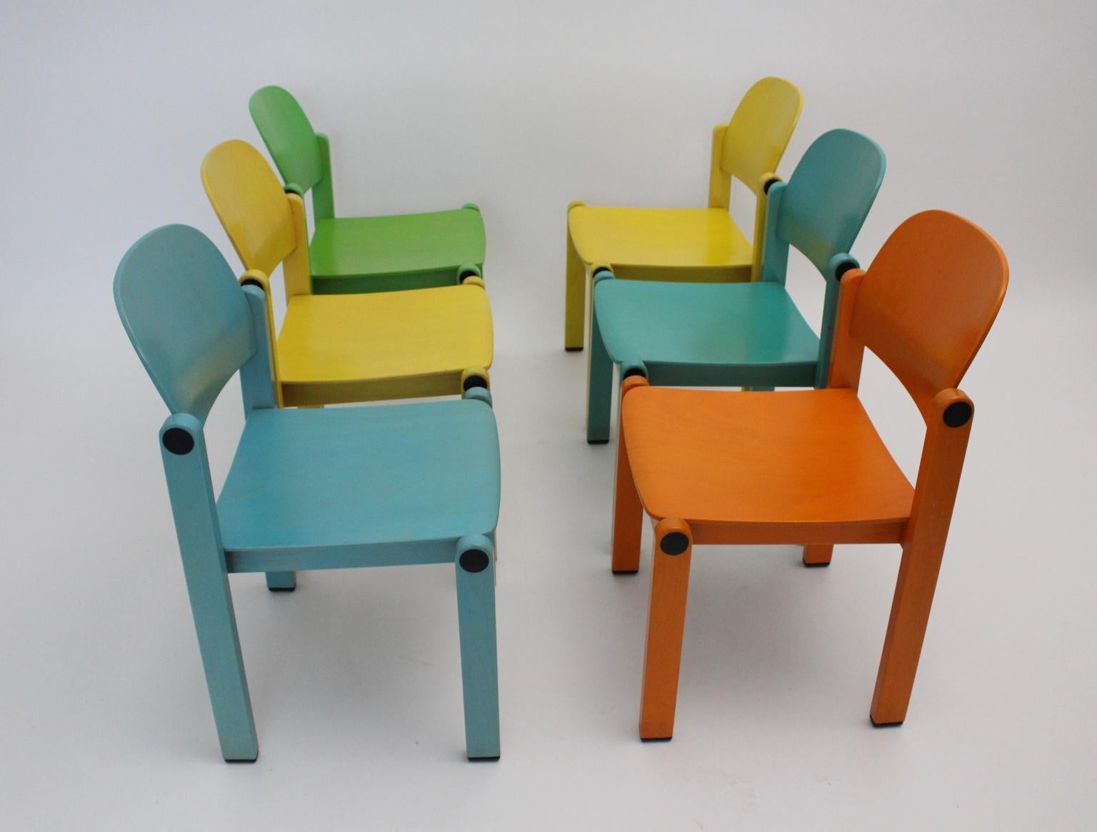 Dining Chairs Vintage Multi-color Beech Pop Art Set of Six, circa 1980 For Sale 2