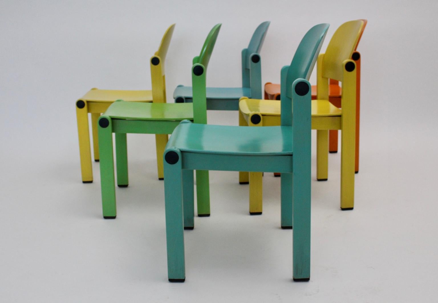Dining Chairs Vintage Multi-color Beech Pop Art Set of Six, circa 1980 For Sale 3