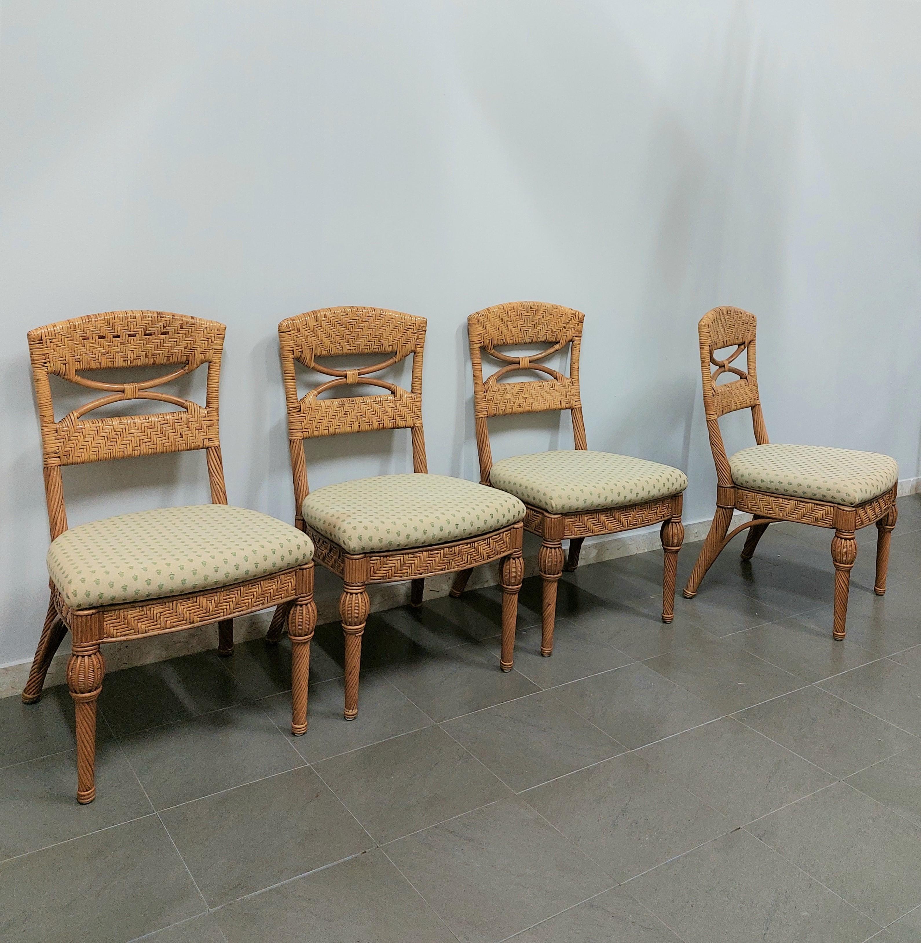 Italian Dining Room Chairs Wicker Fabric Vivai del Sud Midcentury Italy 1980s Set of 4 For Sale